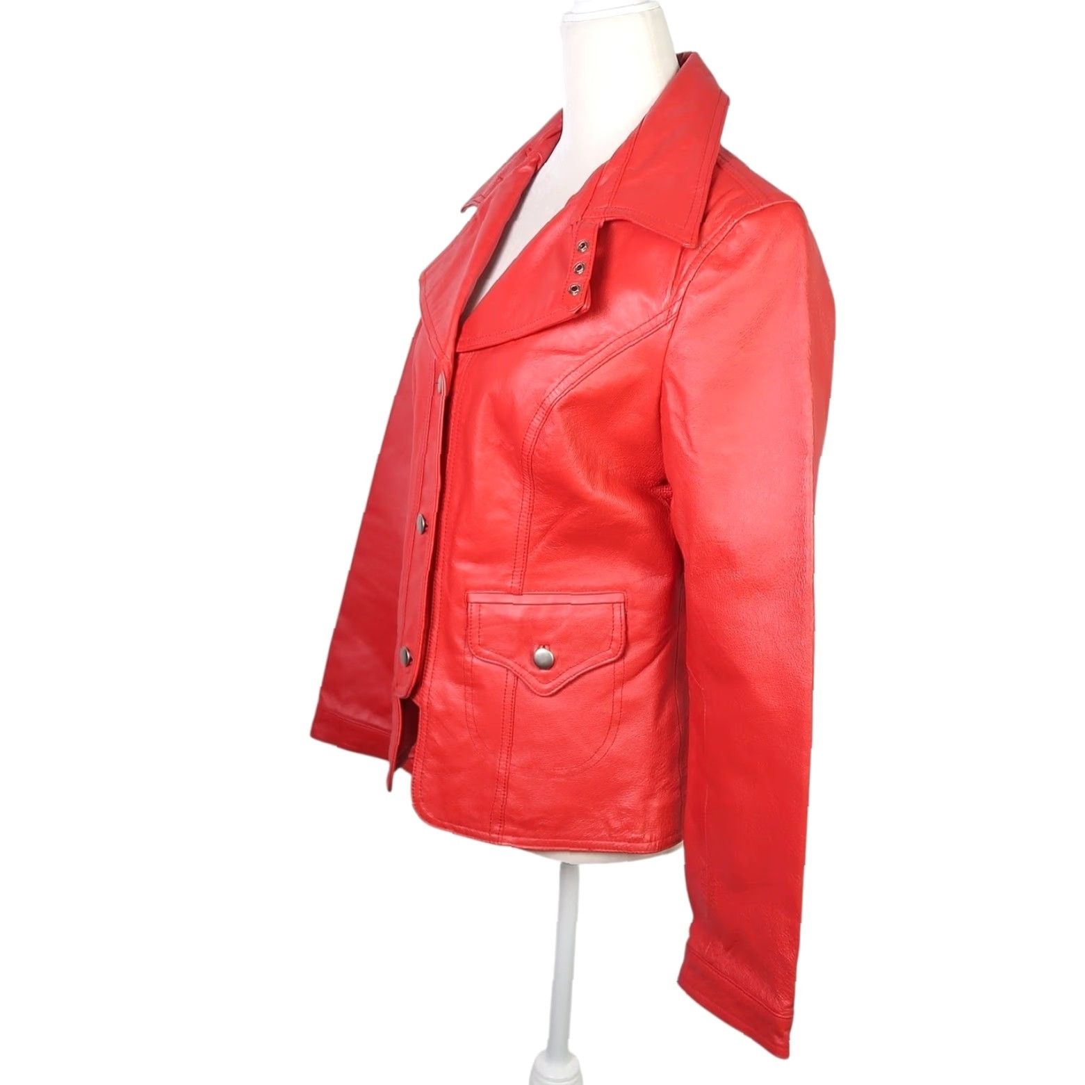 Vintage Cami Red Leather Button Front Jacket Womens 10 Regular Short Long Sleeve Biker Solid Vintage? Size L / US 10 / IT 46 - 3 Thumbnail