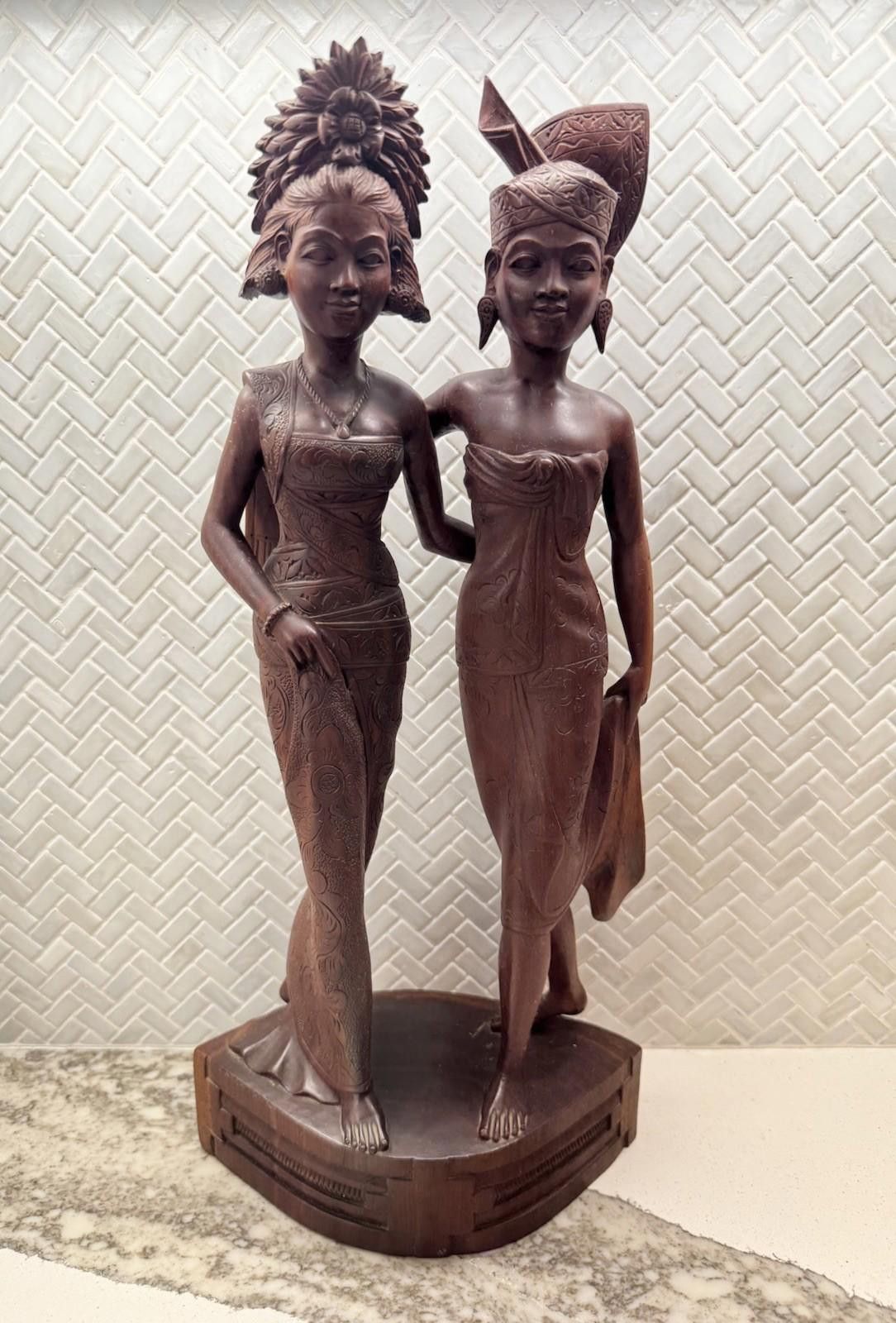 Designer Vintage BALI WOMANS Hand Carved WOOD Sculpture Couple Statue Size ONE SIZE - 1 Thumbnail