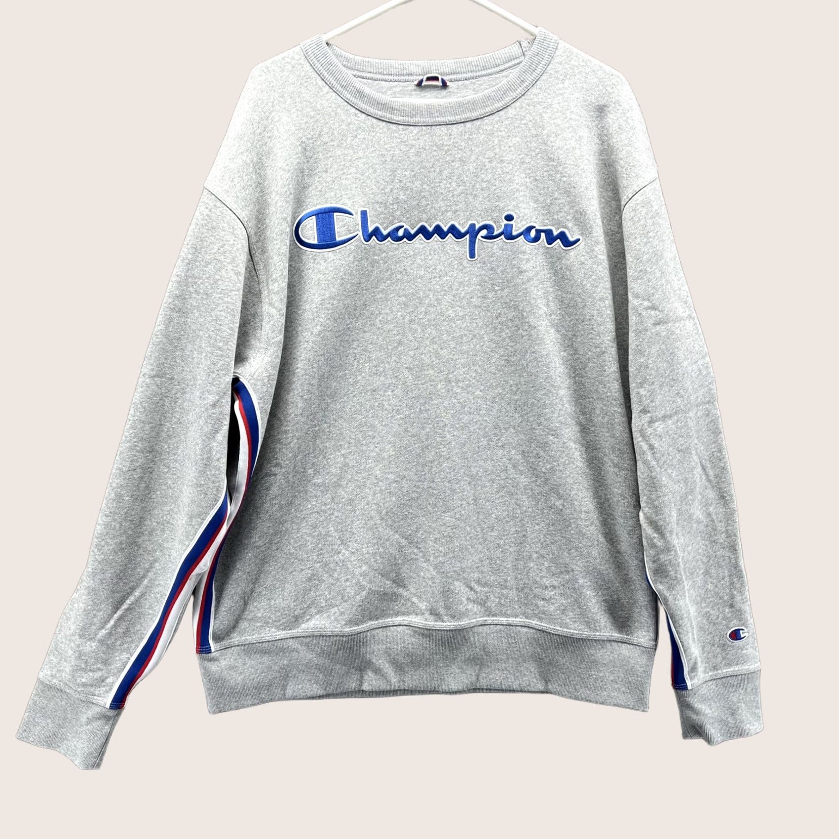 Champion VINTAGE Champion Sweatshirt Mens Large Gray Script Logo Crewneck Pullover Striped Size US L / EU 52-54 / 3 - 1 Thumbnail