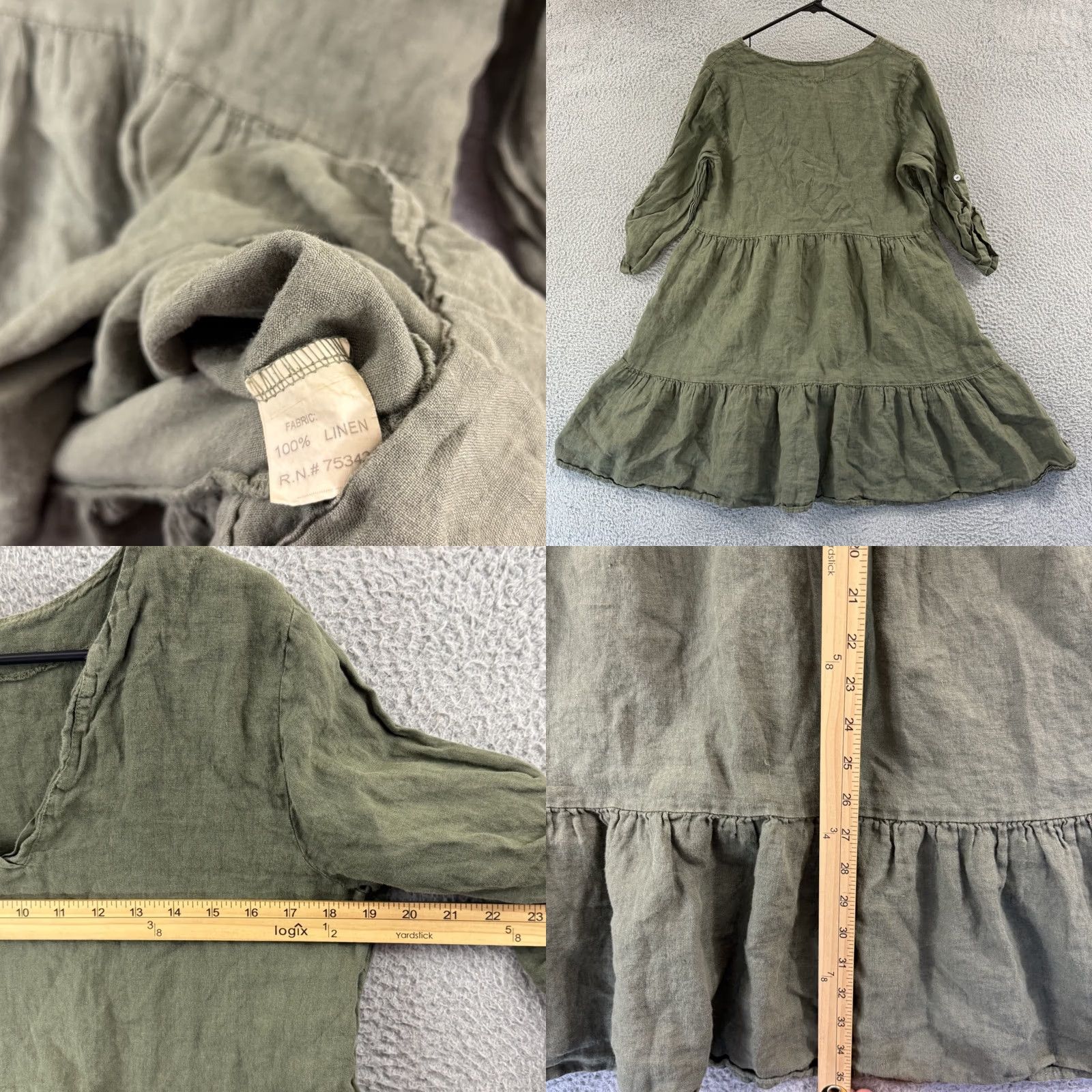 Vintage Bellambra Dress Women Medium Green Linen Trapeze Midi Boho Italy Violet 3/4 Sleeve Roll Tab Sleeve V-Neck Casual Travel Pattern Solid Lightweight Size M / US 6-8 / IT 42-44 - 8 Thumbnail