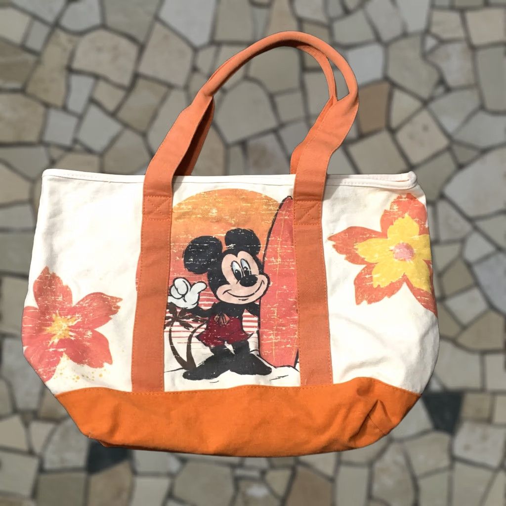 Vintage DISNEY STORE MICKEY Floral Tote Bag Purse ORANGE WHITE CREAM Size ONE SIZE - 1 Thumbnail