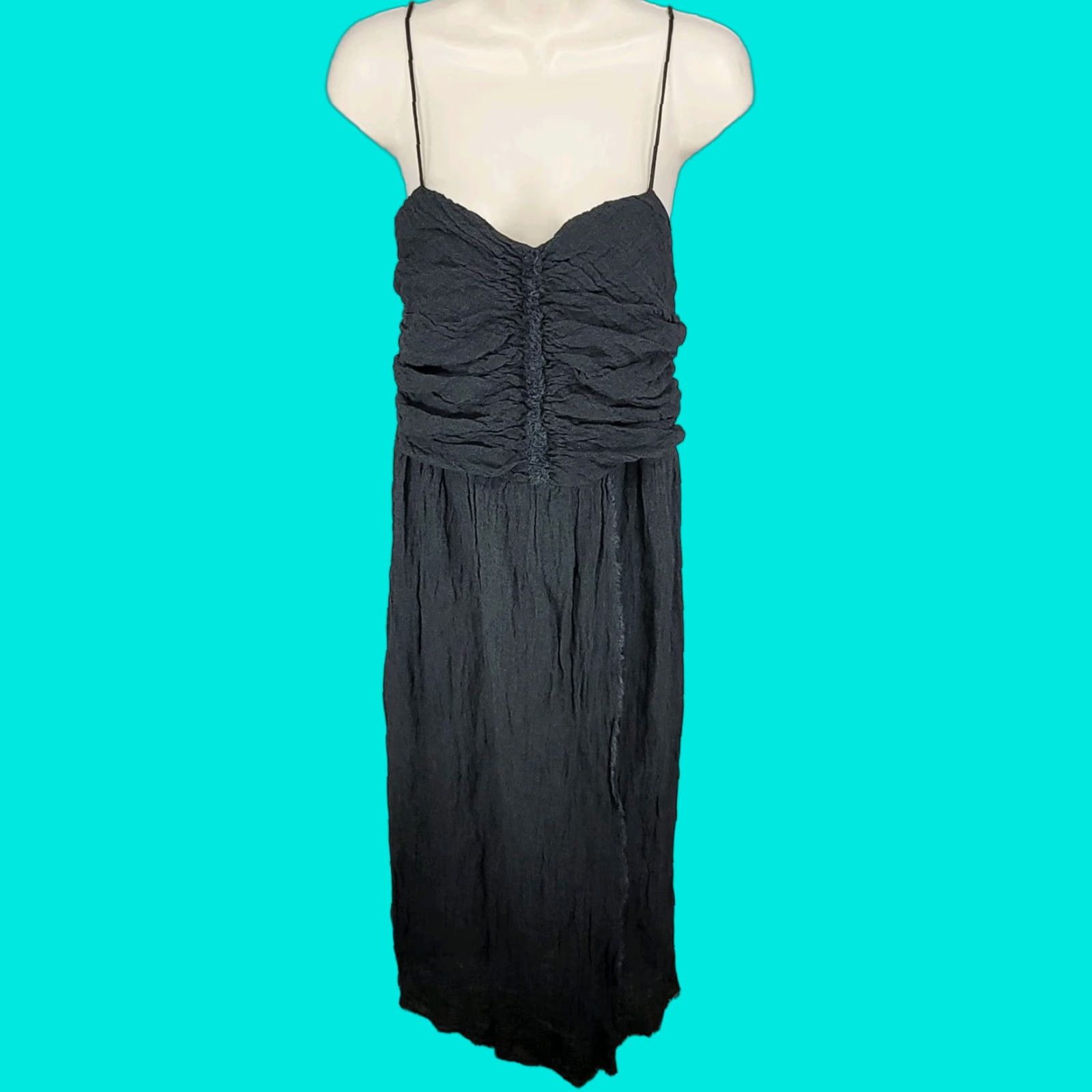 VINTAGE MASSCOB Women's Maxi Dress Linen Sleeveless Bohemian Ruched Side  Slit Small Gray Spain Made