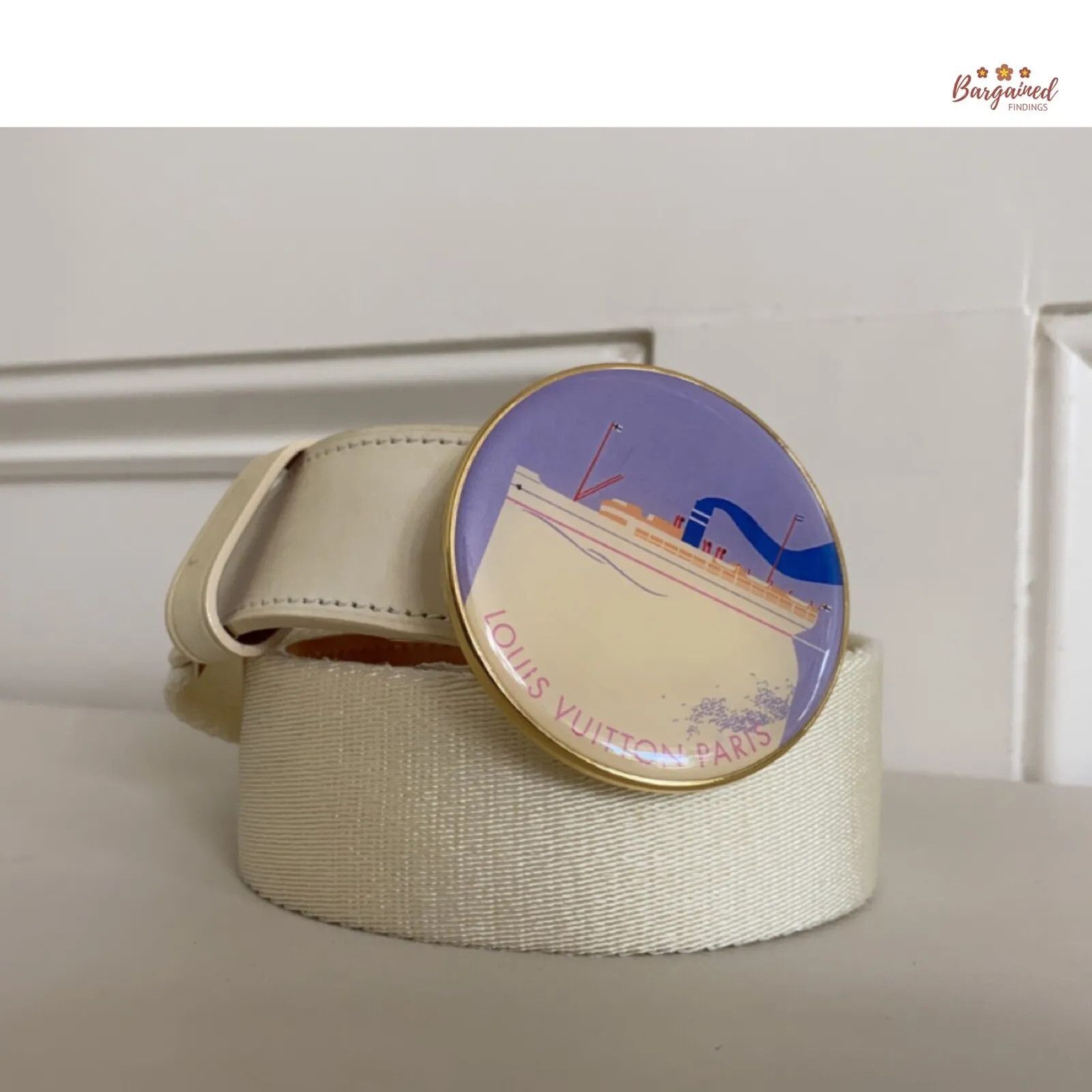 Louis Vuitton Cream Canvas Leather Boat Cruise Buckle Belt