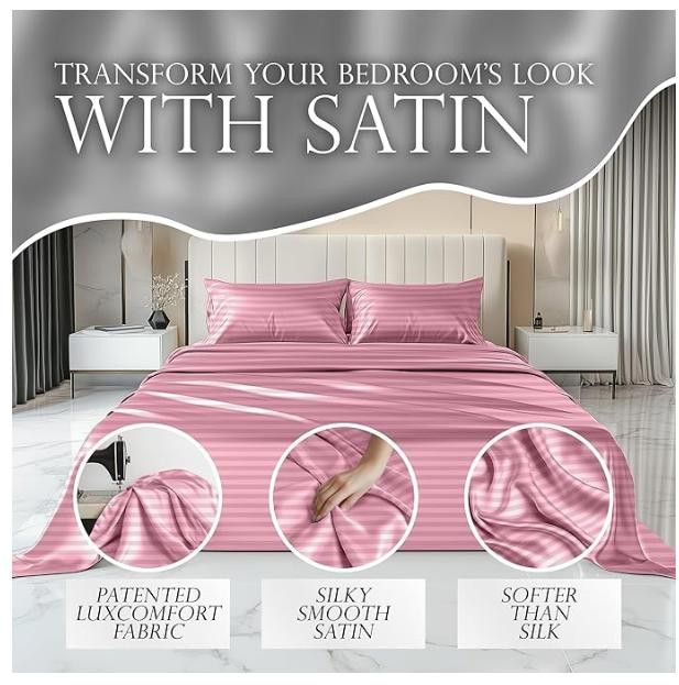 NBDN Nobrandedon Striped Satin Sheets Set King 4pc Hypoallergenic Size ONE SIZE - 2 Thumbnail