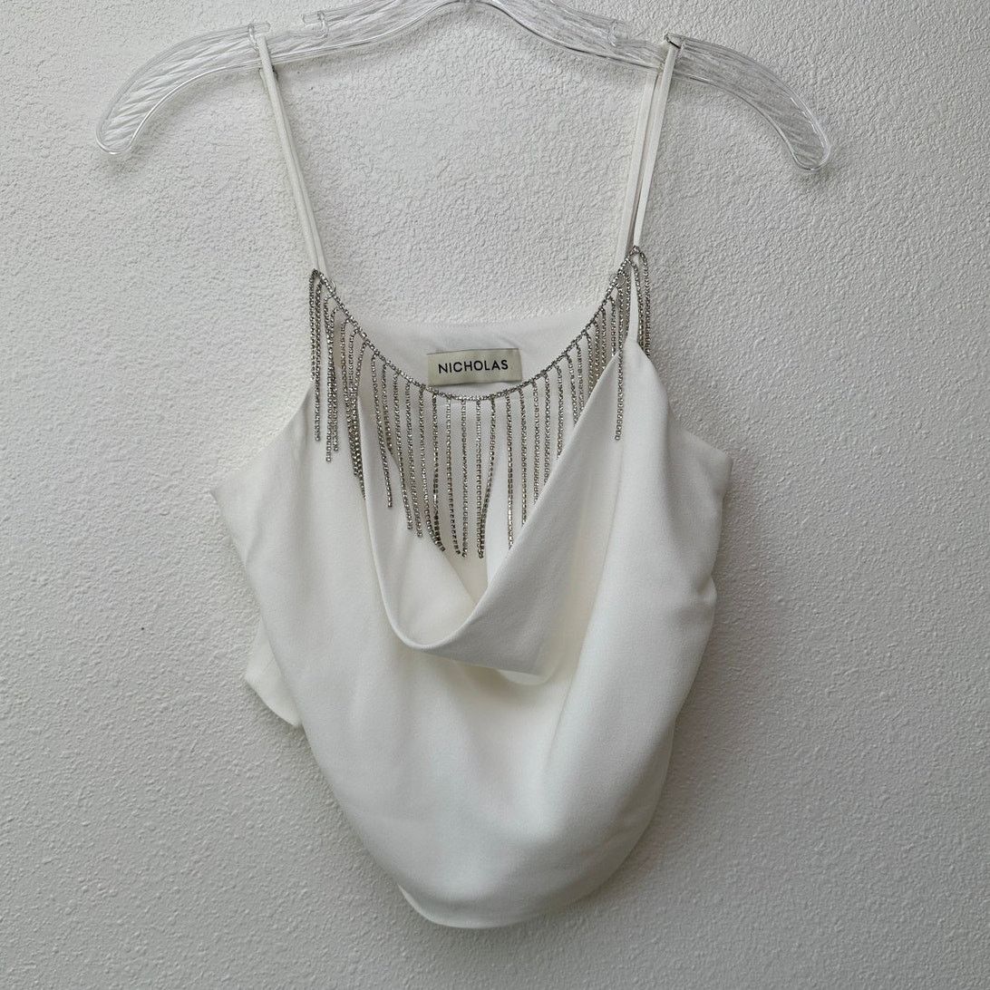 NICHOLAS Nicholas Rhinestone Fringe Cowl Neck Ivory Crop Top – M Size M / US 6-8 / IT 42-44 - 2 Thumbnail