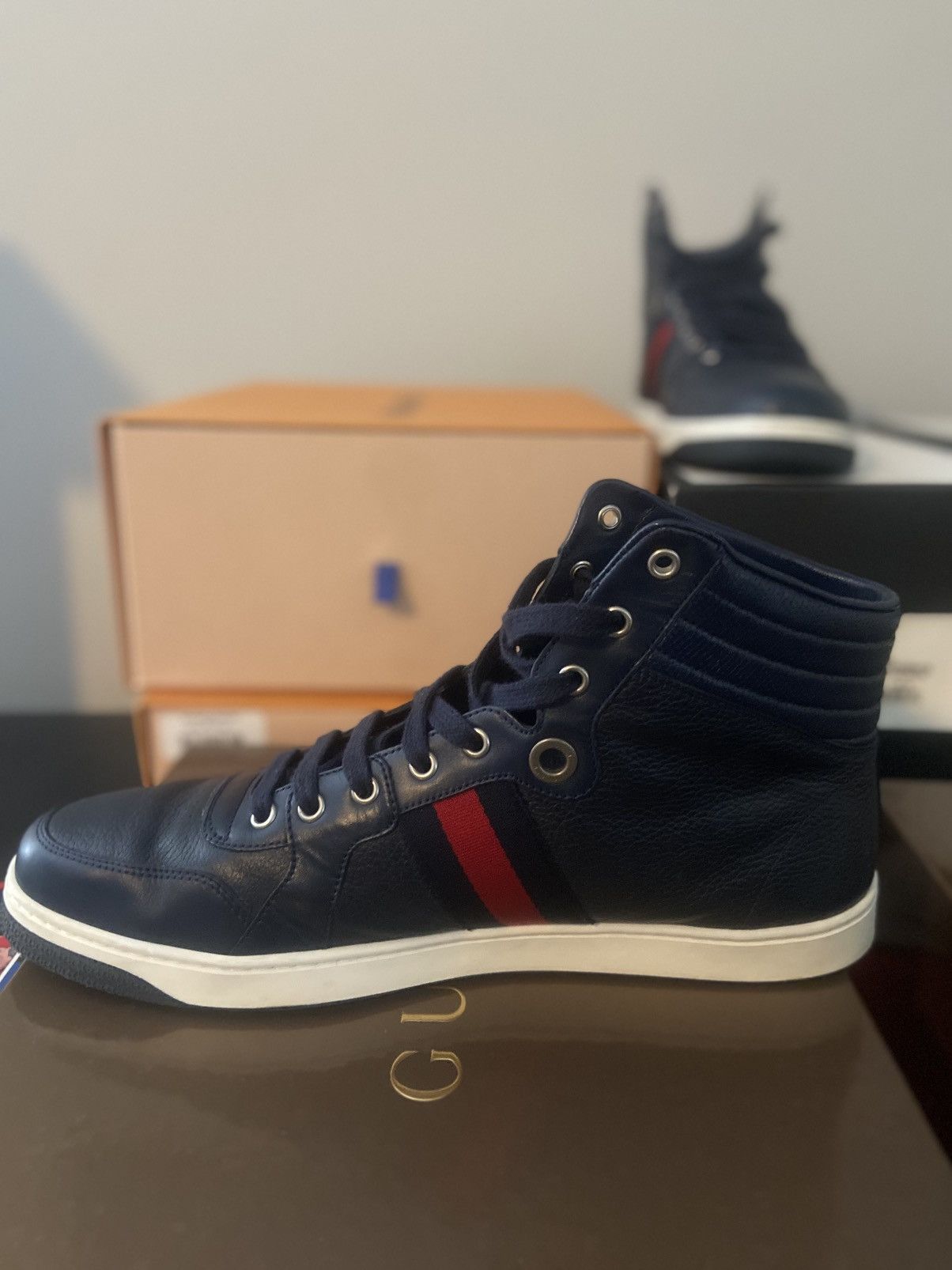 Gucci Gucci Navy Leather High-Top Sneakers (Red Web Stripe) Size US 11 / EU 44 - 8 Thumbnail