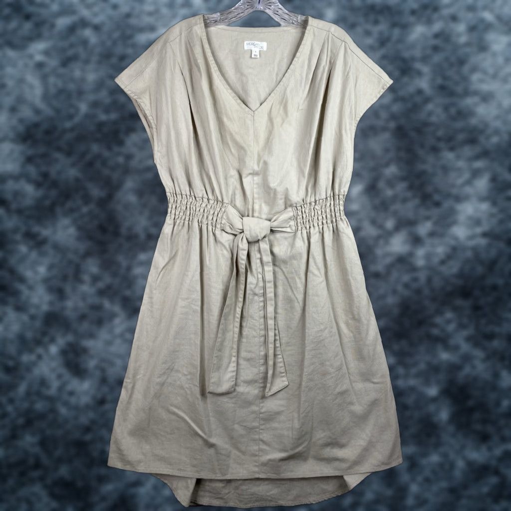 Vintage Morgan Taylor Dress Womens L Beige Linen Blend Elastic Waist Tie V Neck Midi Shirt Size L / US 10 / IT 46 - 1 Thumbnail