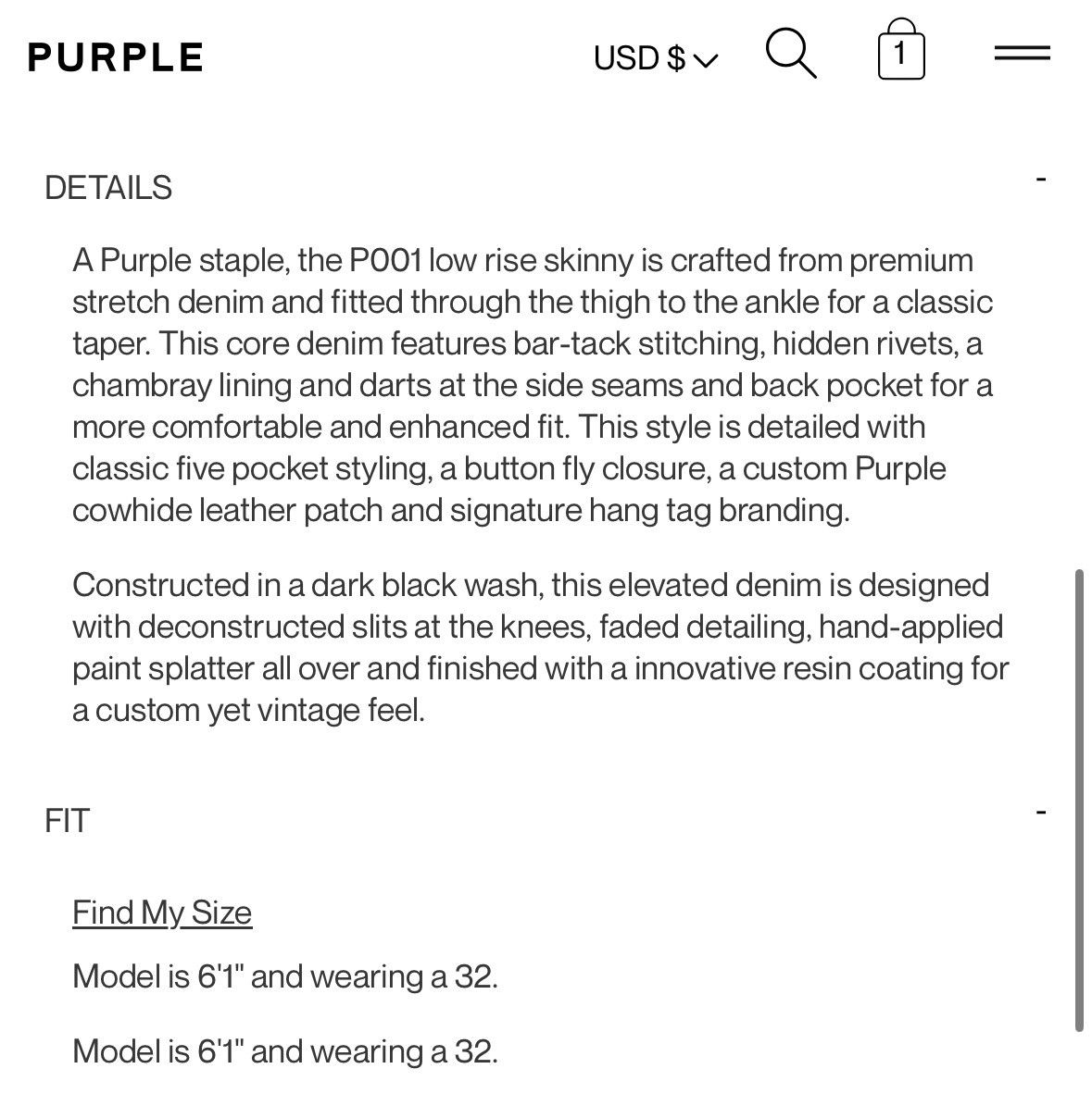 Purple P001 Black Resin Knee Slit Size US 31 - 22 Thumbnail