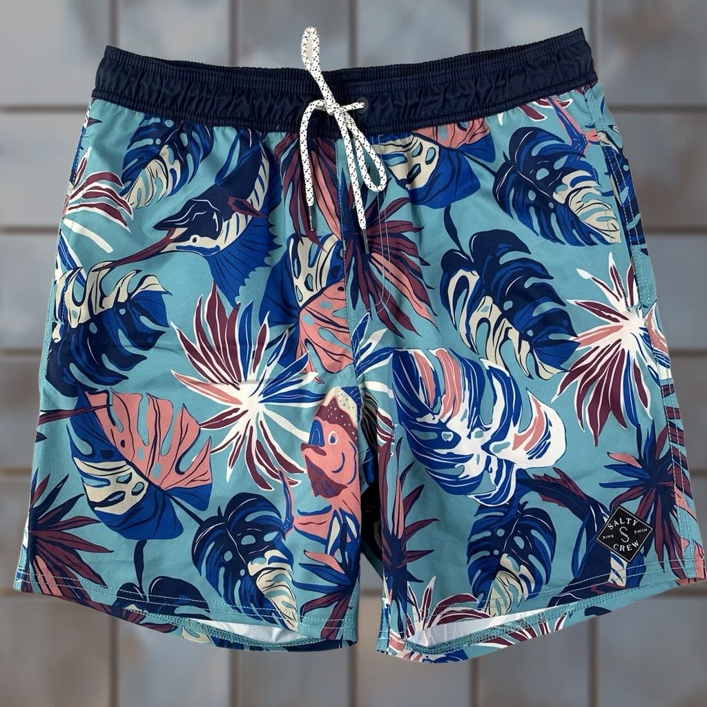 Vintage Salty Crew Swim Trunks Shorts Mens Medium Blue Pink Sailfish Mahi Elastic Waist Beach Fishing Athletic Tropical Size US 31 - 1 Thumbnail