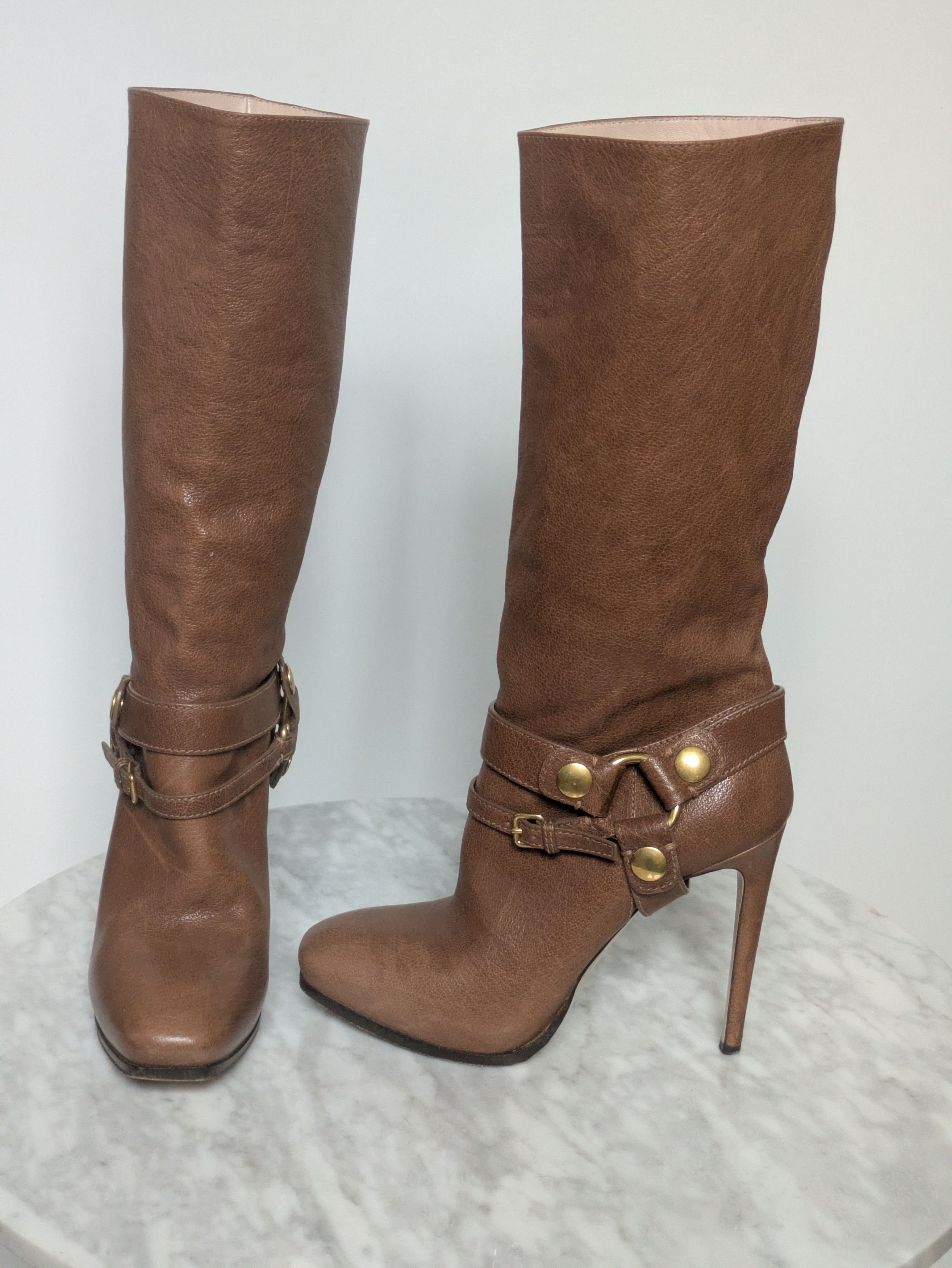 Miu Miu Miu Miu tan soft leather biker-style heeled boots Size US 5.5 / IT 35.5 - 2 Thumbnail