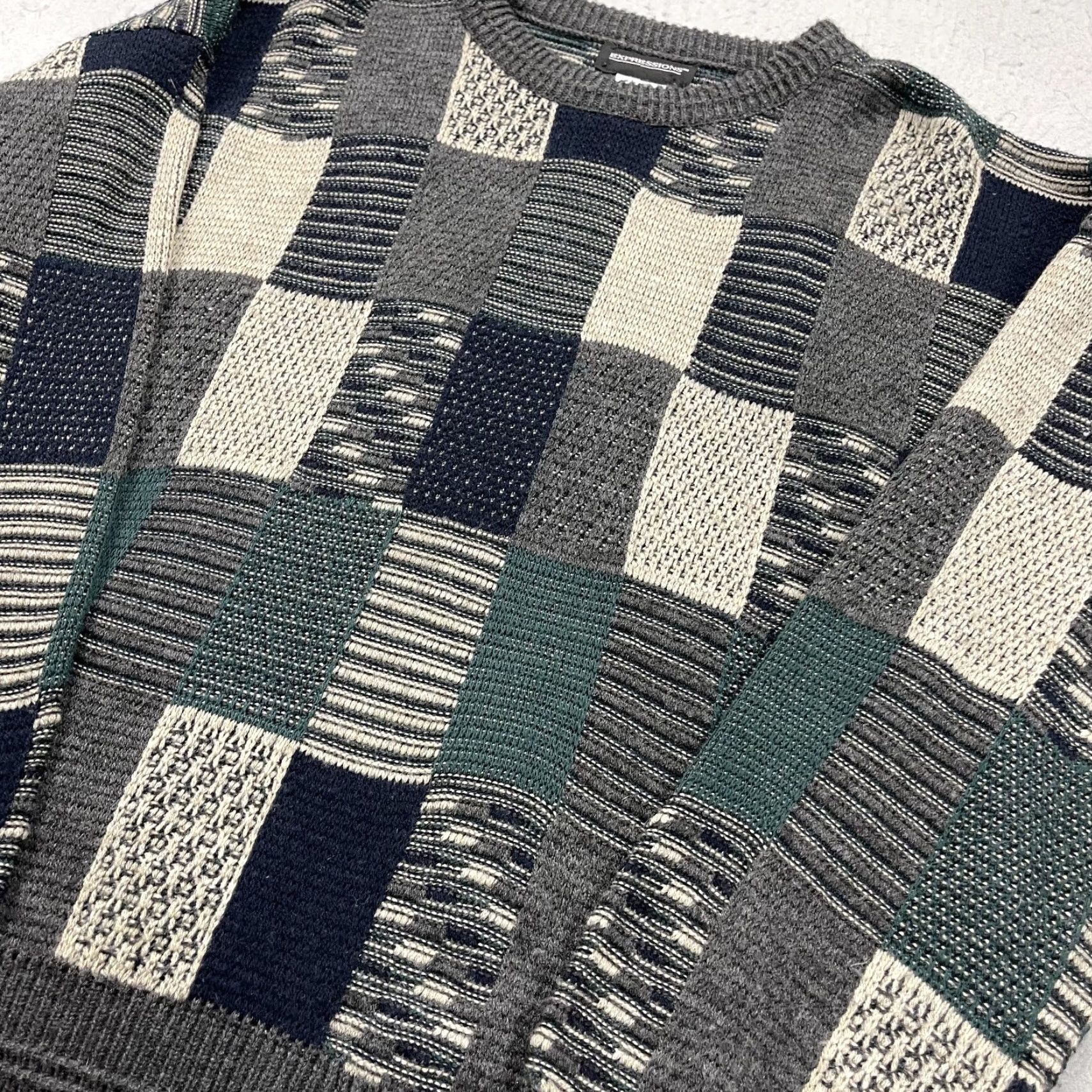 Vintage VINTAGE Expressions Sweater Shirt Mens L Gray Patchwork 90s Geometric Knit Pullover Crewneck Size US L / EU 52-54 / 3 - 3 Thumbnail