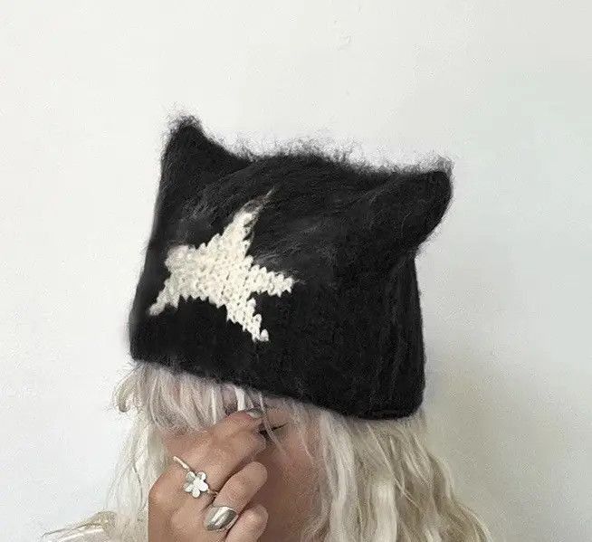 Japanese Brand Kawaii Knitted Star Pattern Cat Ear Beanies Hat Size ONE SIZE - 1 Thumbnail
