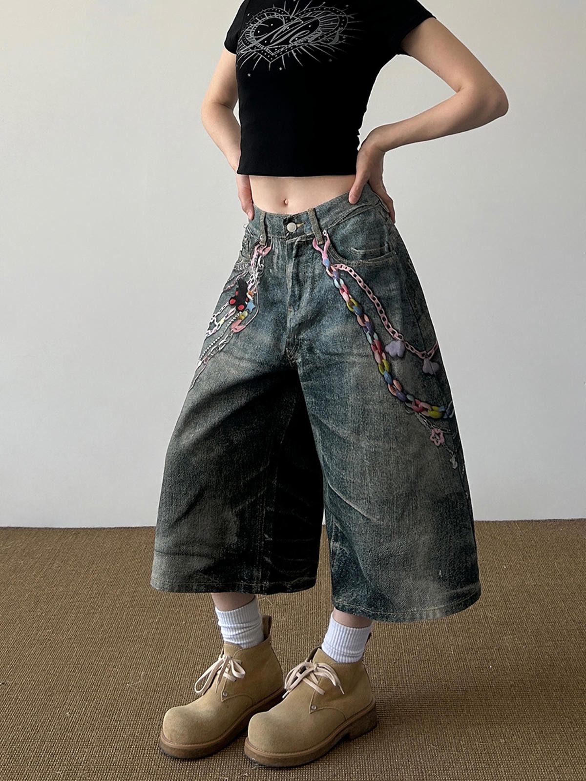 Other Wide Leg Loose Chain Print Distressed Jorts Size US 29 - 2 Thumbnail