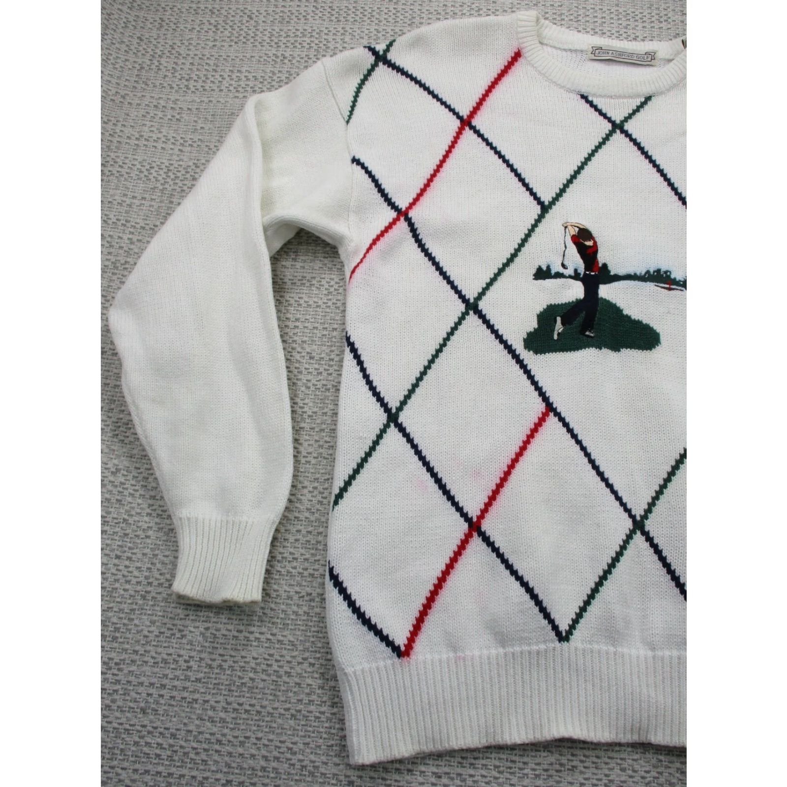 Etro VTG 90s John Ashford Golf Sweater Mens Regular Medium White Argyle Knit Pullover Crew Neck All Seasons Heavyweight ZIP? Size US M / EU 48-50 / 2 - 5 Thumbnail