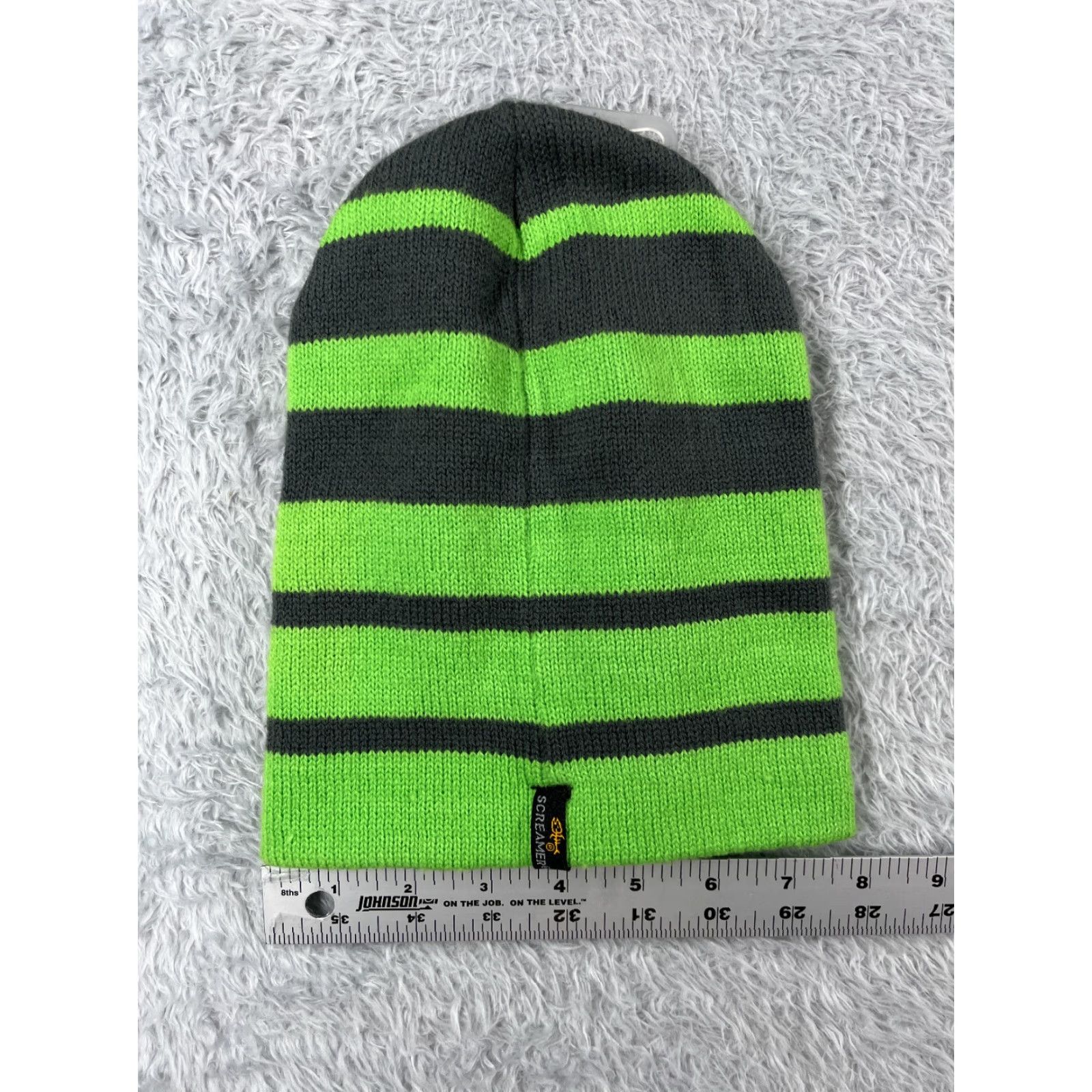 Vintage Screamer Beanie Adult One Size Green Gray Stripe Knit 100% Acrylic Ski Size ONE SIZE - 4 Thumbnail