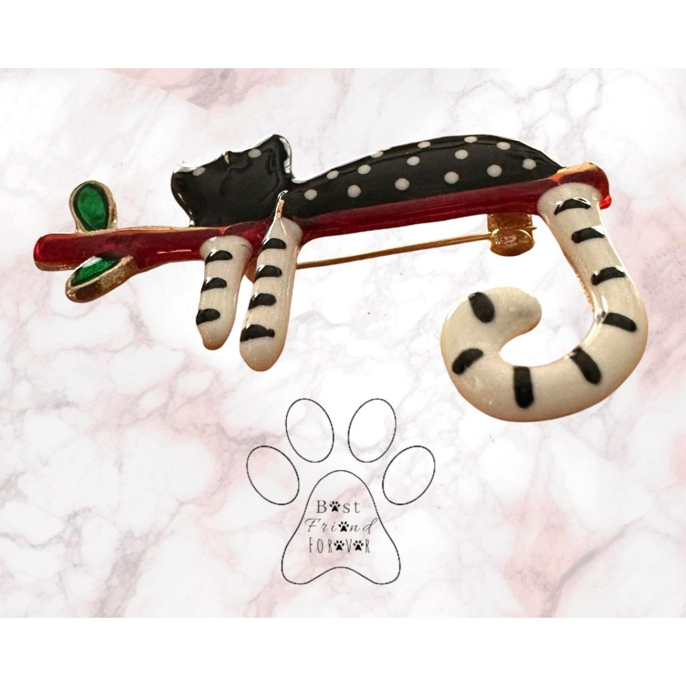 Handmade Folk Art Spotted Cat on Branch Pin Brooch Whimsical New Kitt Size ONE SIZE - 4 Thumbnail