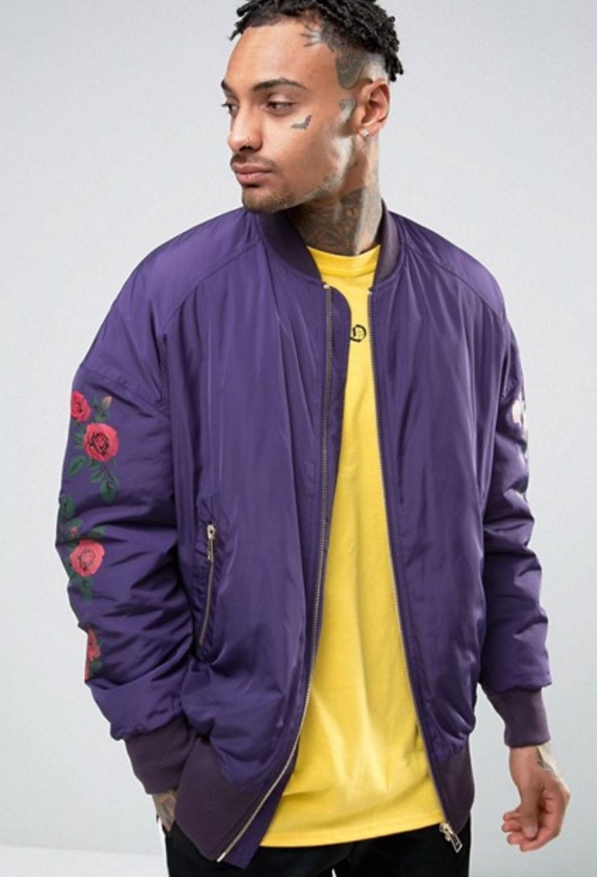 Asos ASOS: Oversized Bomber Jacket With Rose Print In Purple Size US S / EU 44-46 / 1 - 5 Thumbnail