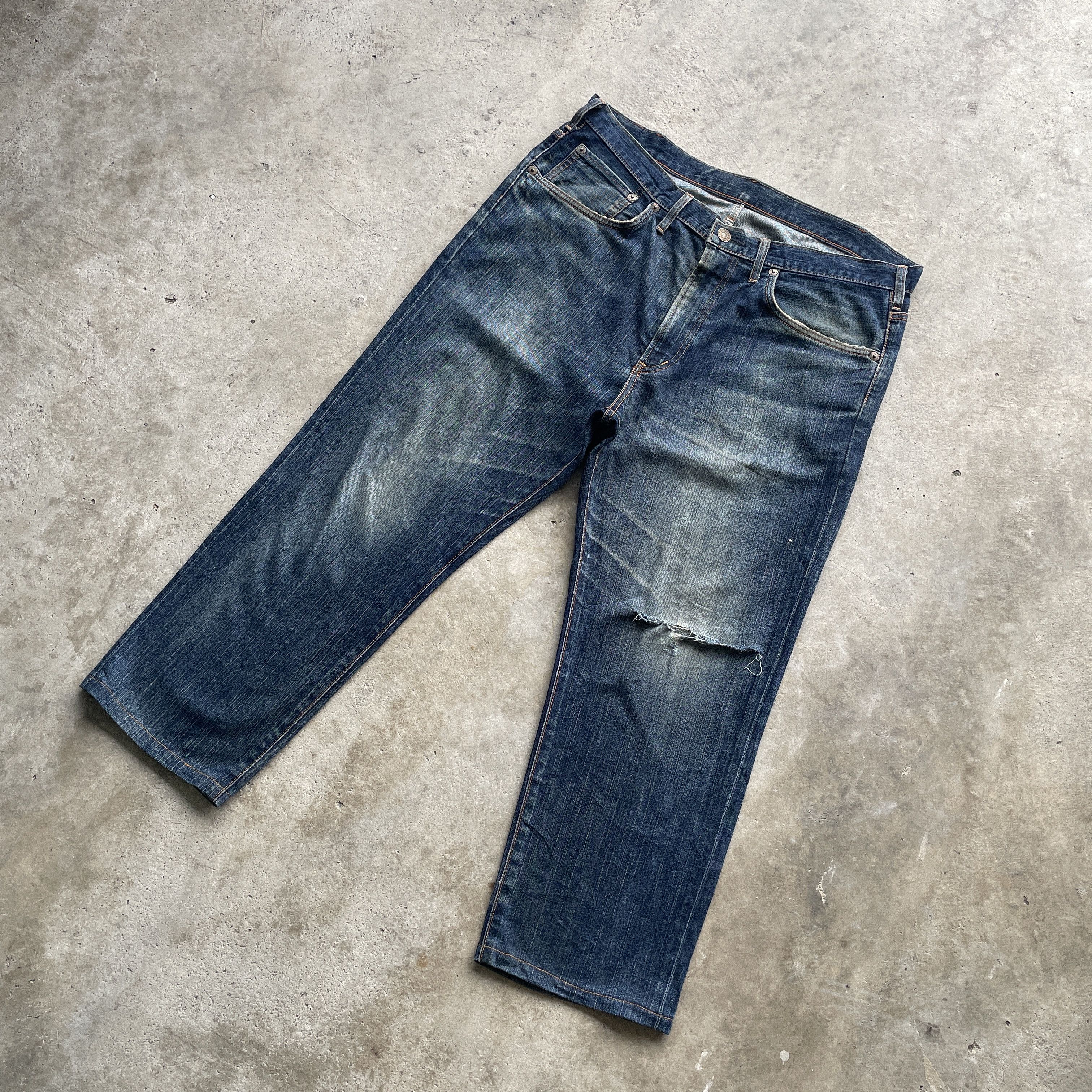 VINTAGE EDWIN JEANS FADED DENIM DISTRESSED PANTS W39x26.5