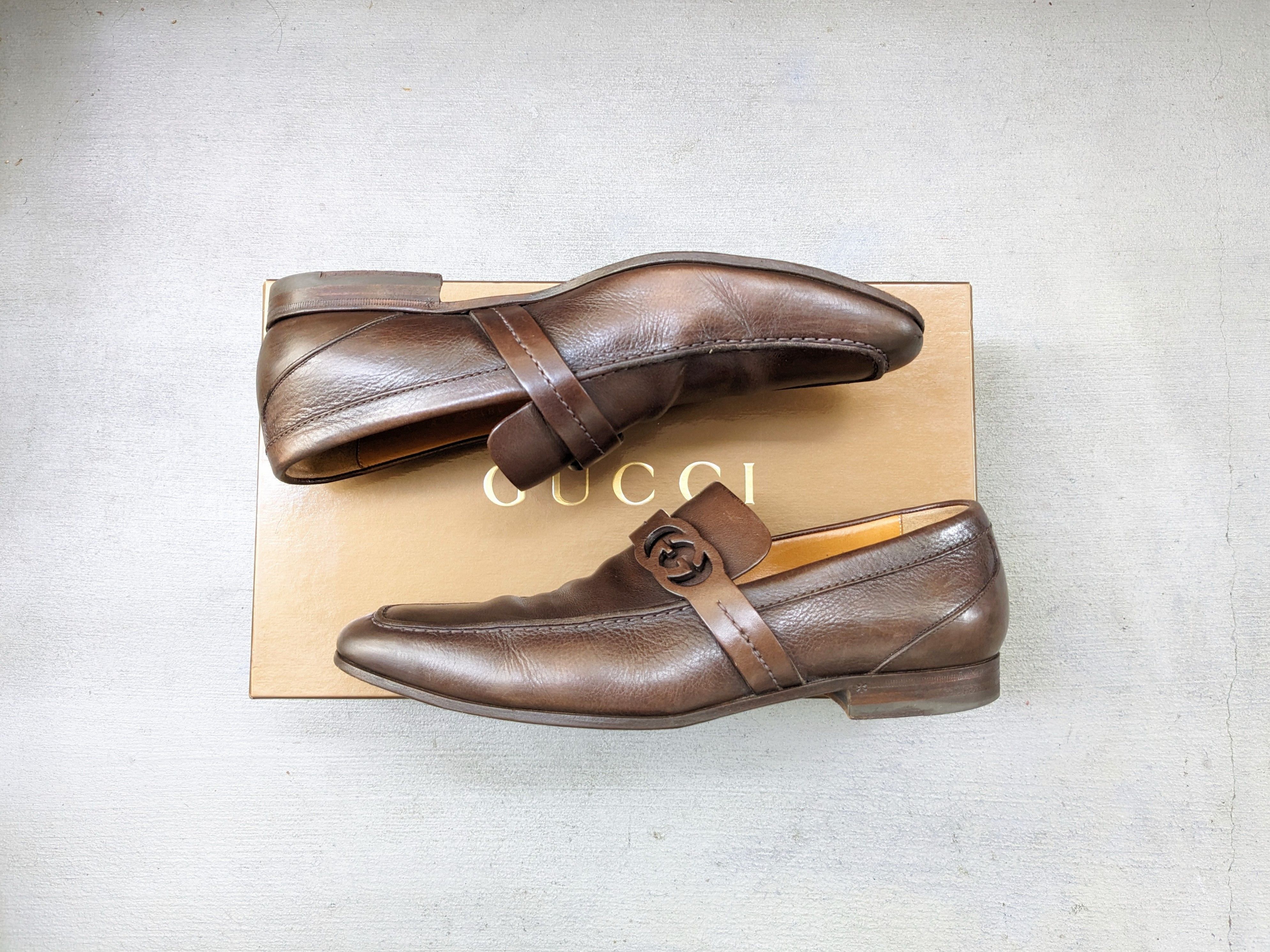 image of Gucci Horsebit Loafers Brown 8 Leather Buckle Slip On Italy, Men's