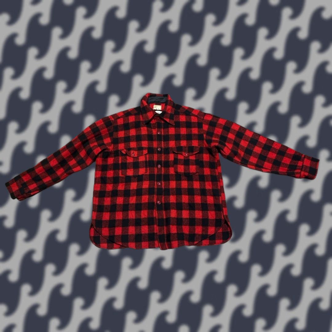 VINTAGE LL BEAN Shirt 1/XL Button-Front Wool Red Black Buffalo Plaid 1950s Mens Rockabilly 17 (XL) Mens