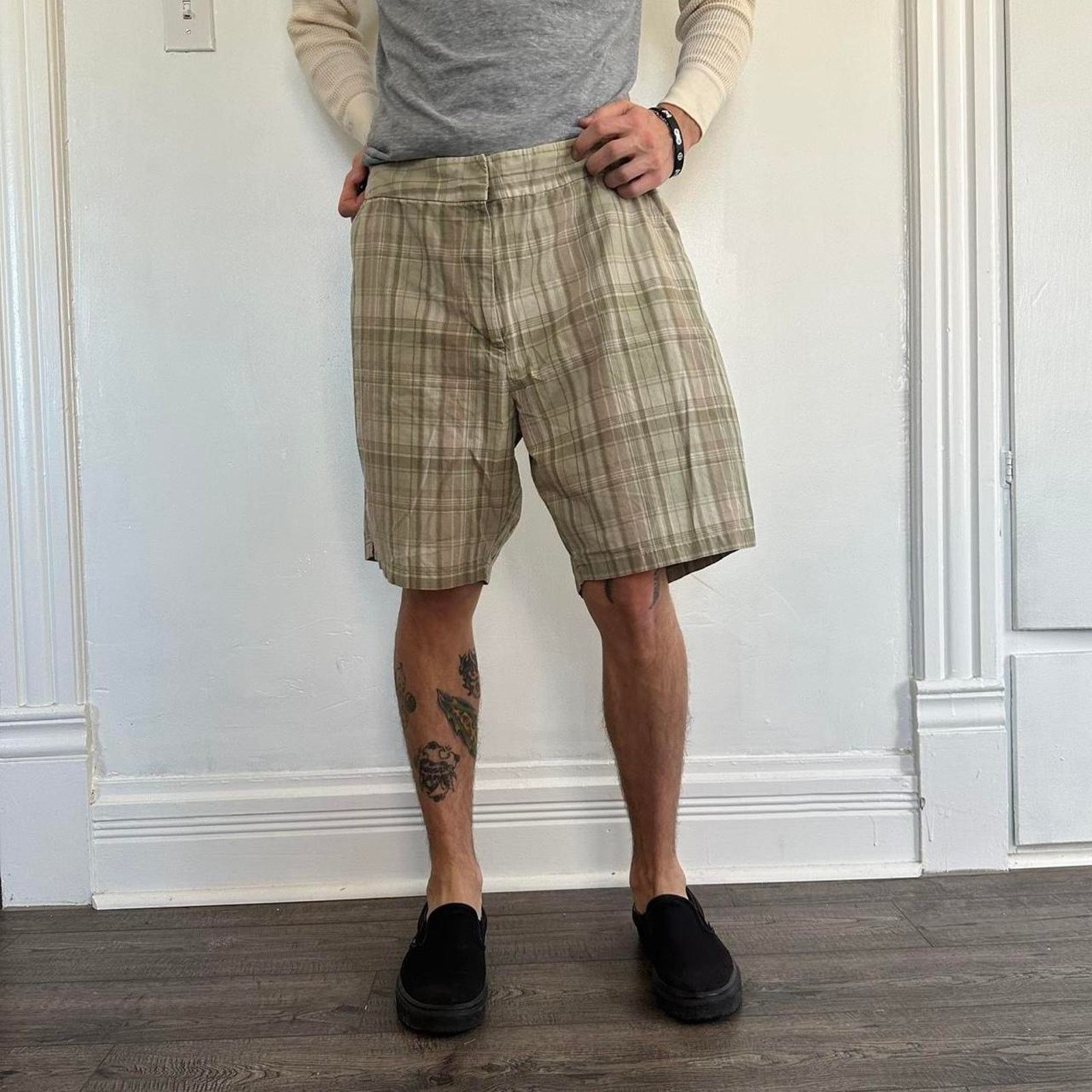 Vintage Vintage Pleated Plaid Gingham Cotton Shorts Size 35" - 2 Thumbnail