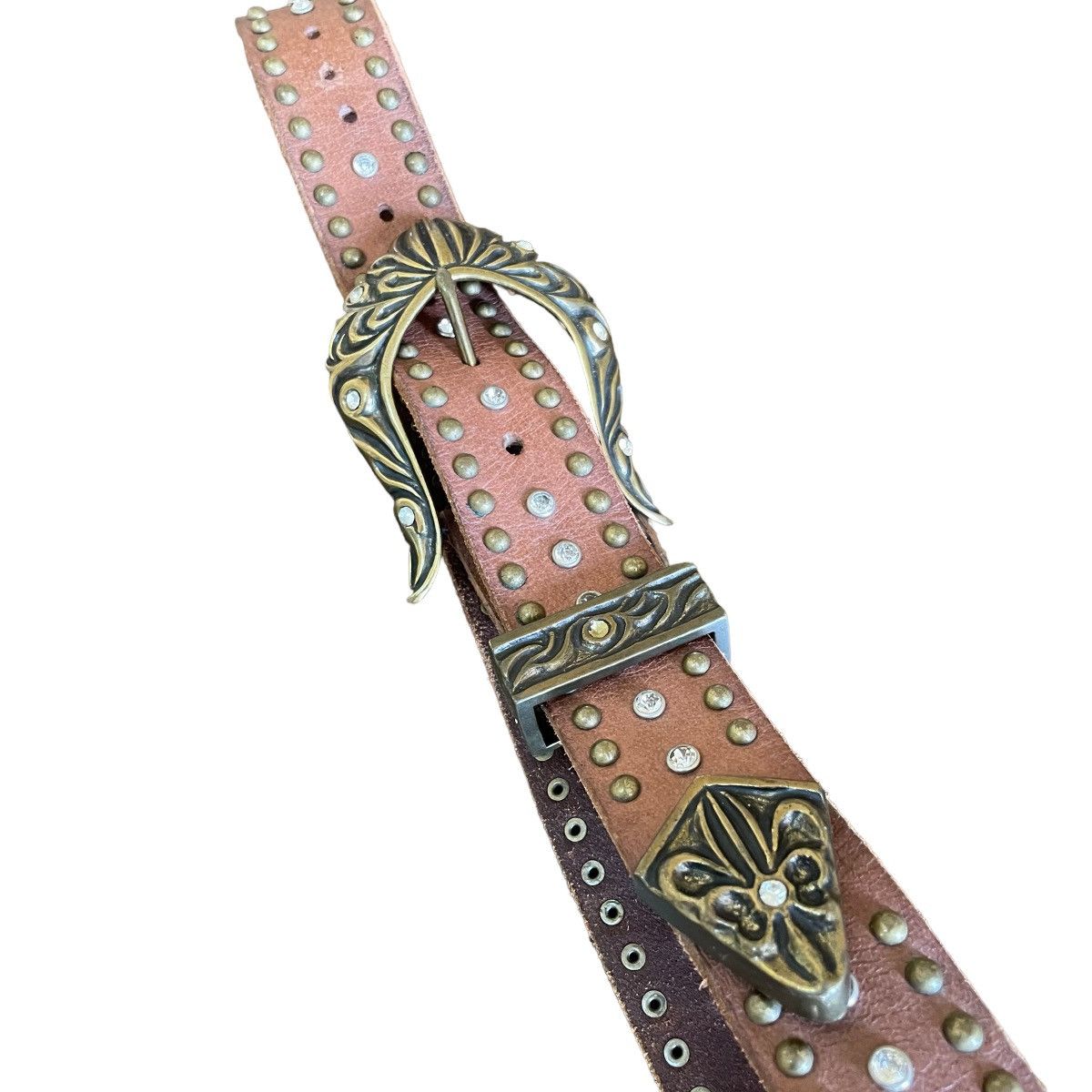 Affliction × If Six Was Nine × Le Grande Bleu (L.G.B.) Vintage Bianro Dagger Rhinestones Studded Brass Leather Belt Size ONE SIZE - 10 Thumbnail