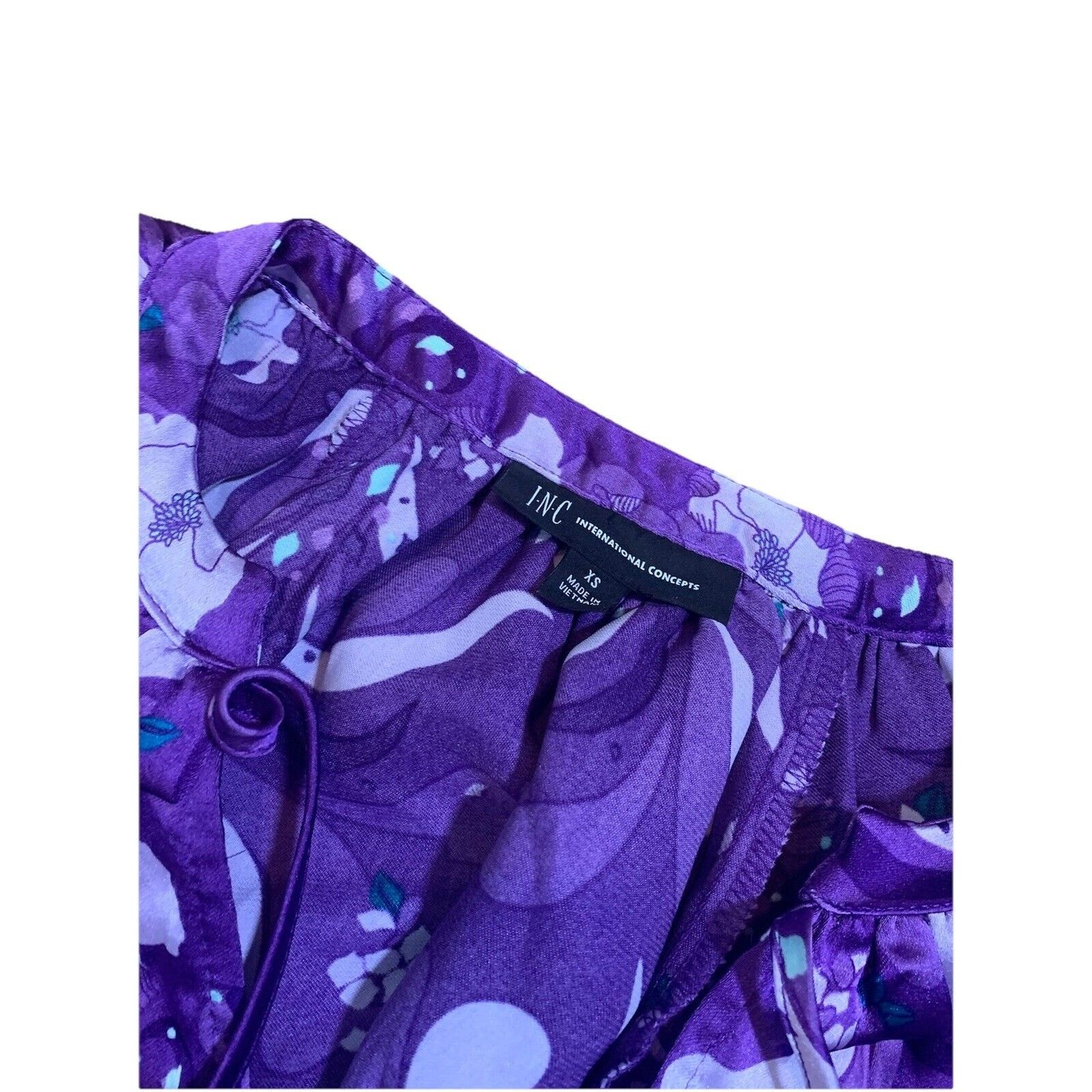 Other INC Women Purple Floral Satin Blouse Ruffle Tie Neck Size XS Size XS / US 0-2 / IT 36-38 - 4 Thumbnail