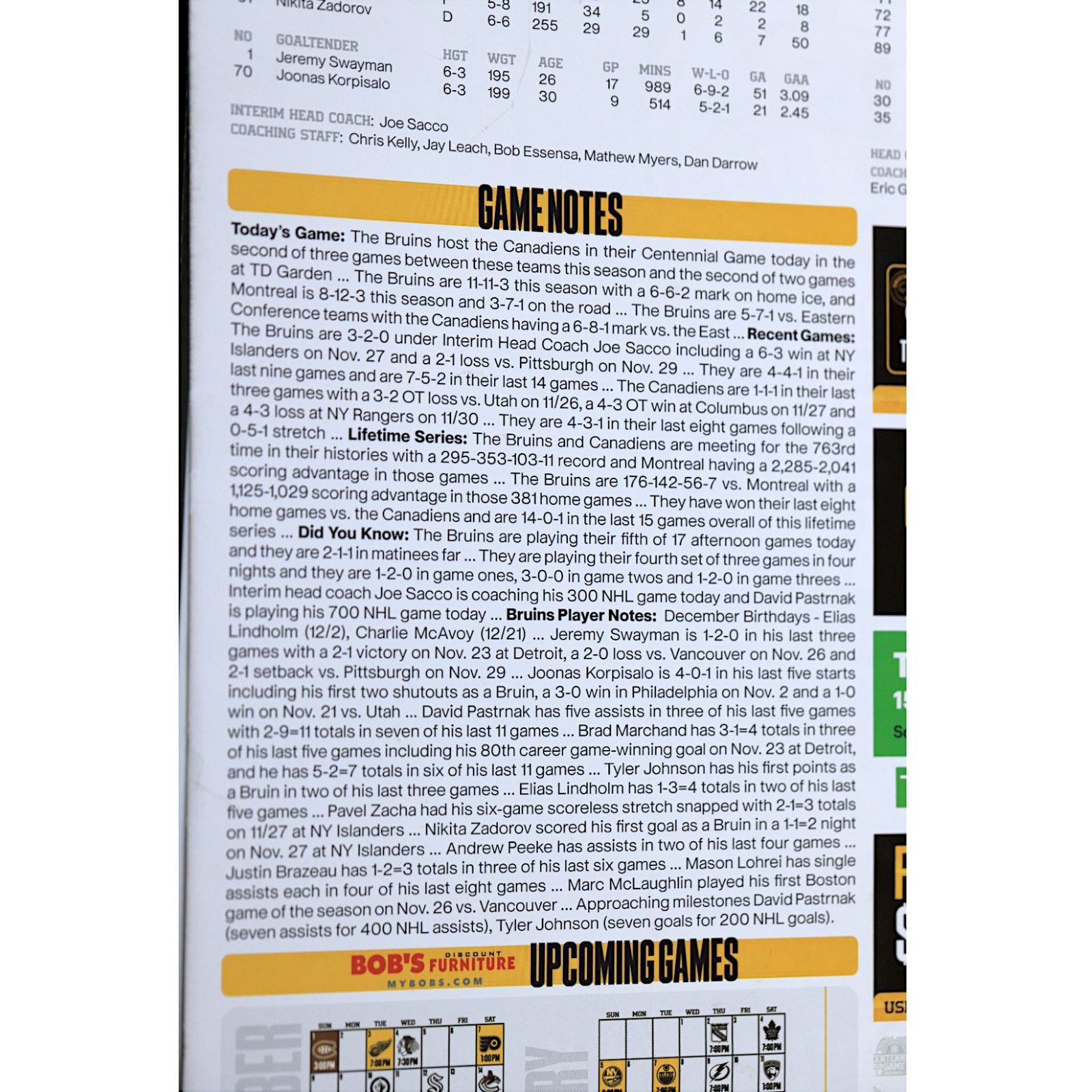 NHL Boston Bruins v Montreal Canadiens 12/1/24 Centennial Poster Size ONE SIZE - 10 Thumbnail