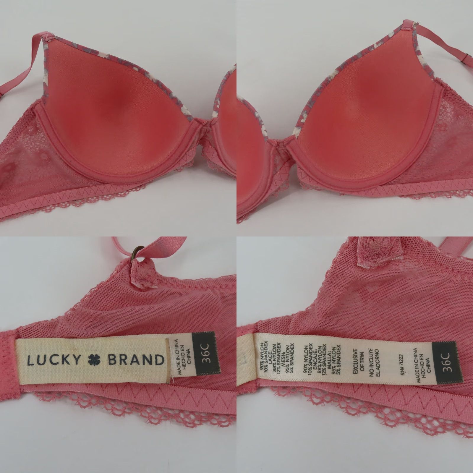 Lucky Brand Lucky Brand Bra 36C Pink White Floral Lace Underwire Lined Womens Size ONE SIZE - 8 Thumbnail