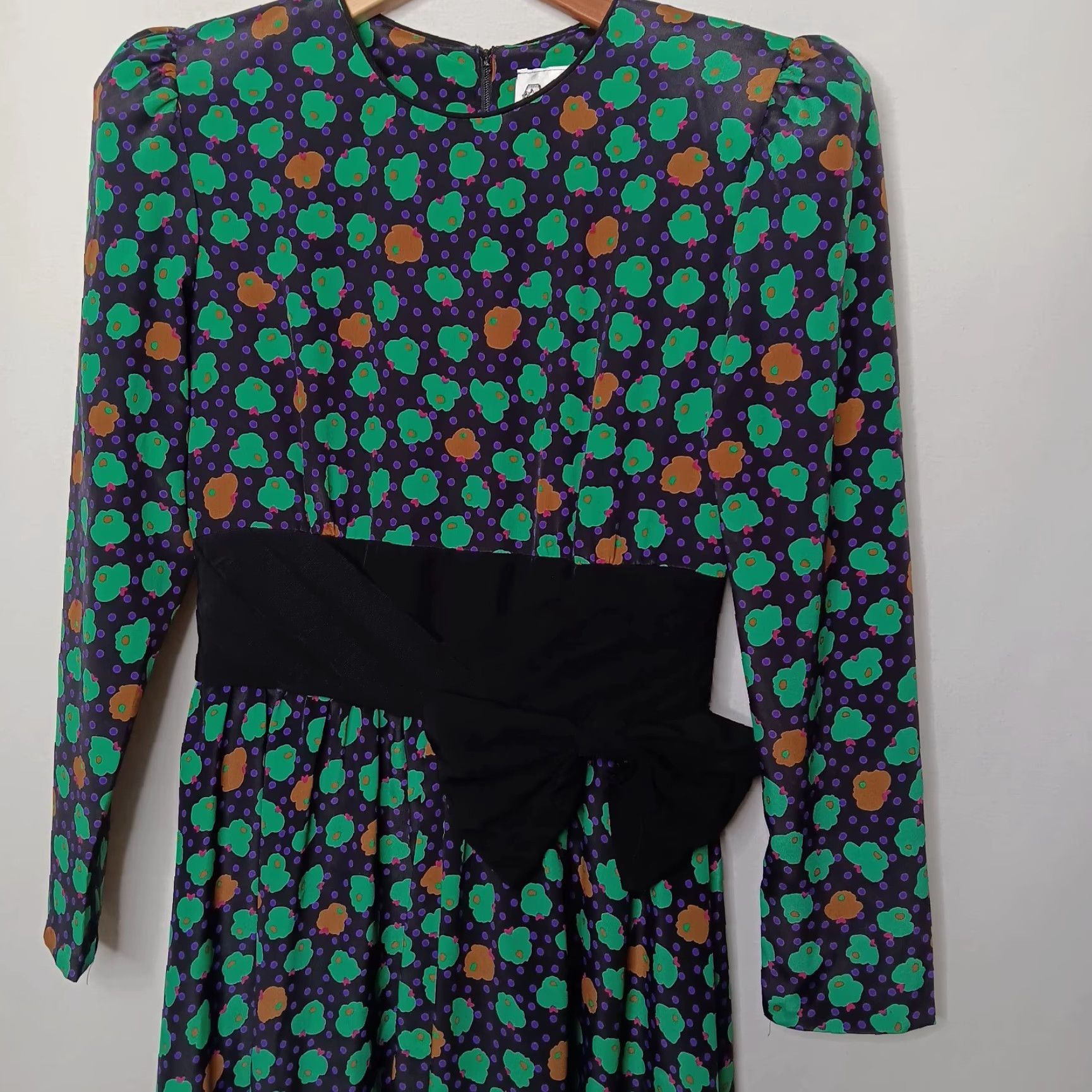 Vintage VINTAGE ACT I Dress Midi Floral Polka Dot Bow 80s A-Line Long Sleeve Black Green Purple Brown 7/8 Women's Boys Girls? Size M / US 6-8 / IT 42-44 - 5 Thumbnail