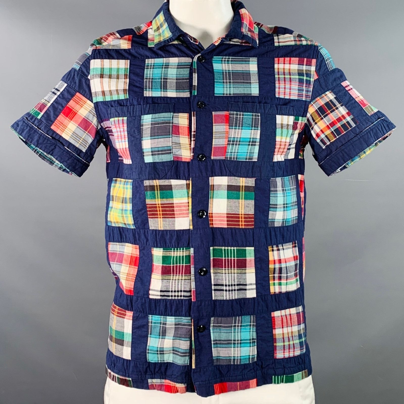 Monitaly Navy Multi Color Madras Cotton Two Pockets Short Sleeve Size US L / EU 52-54 / 3 - 1 Thumbnail
