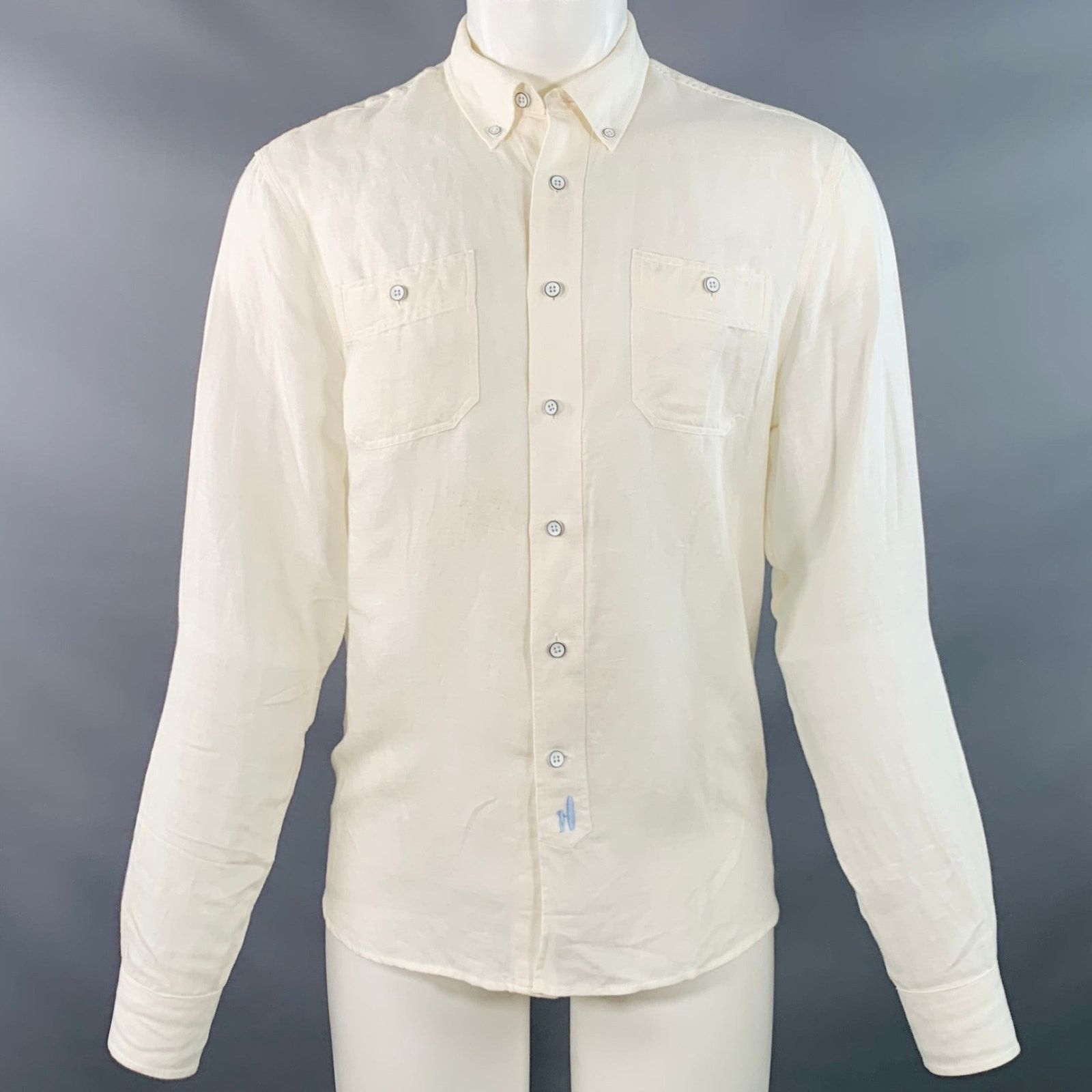 johnnie-O Cream Linen Button Down Collar Two Pockets Long Sleeve Shirt Size US M / EU 48-50 / 2 - 1 Thumbnail