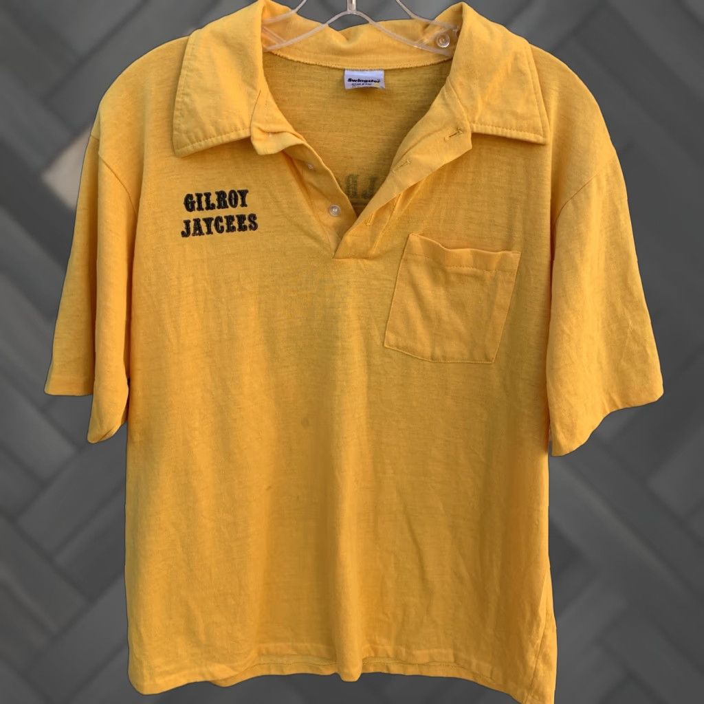 Vintage VINTAGE Swingster Polo Shirt XL Yellow Graphic Union Made UK California 83 90s Mens Shirt Size US XL / EU 56 / 4 - 1 Thumbnail