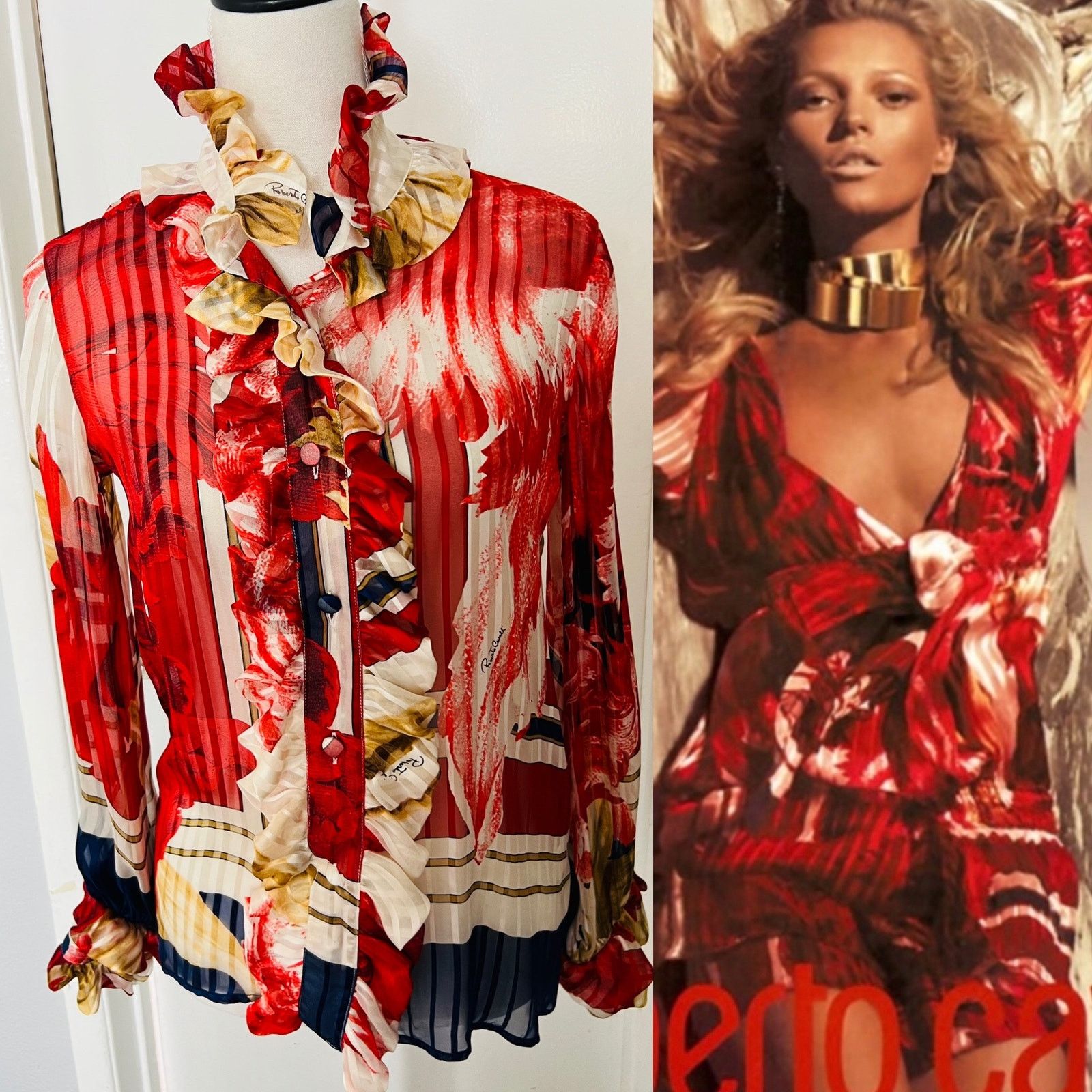 Roberto Cavalli NWT Roberto Cavalli '06 Silk red Ruffled Blouse Sz S Size S / US 4 / IT 40 - 1 Thumbnail