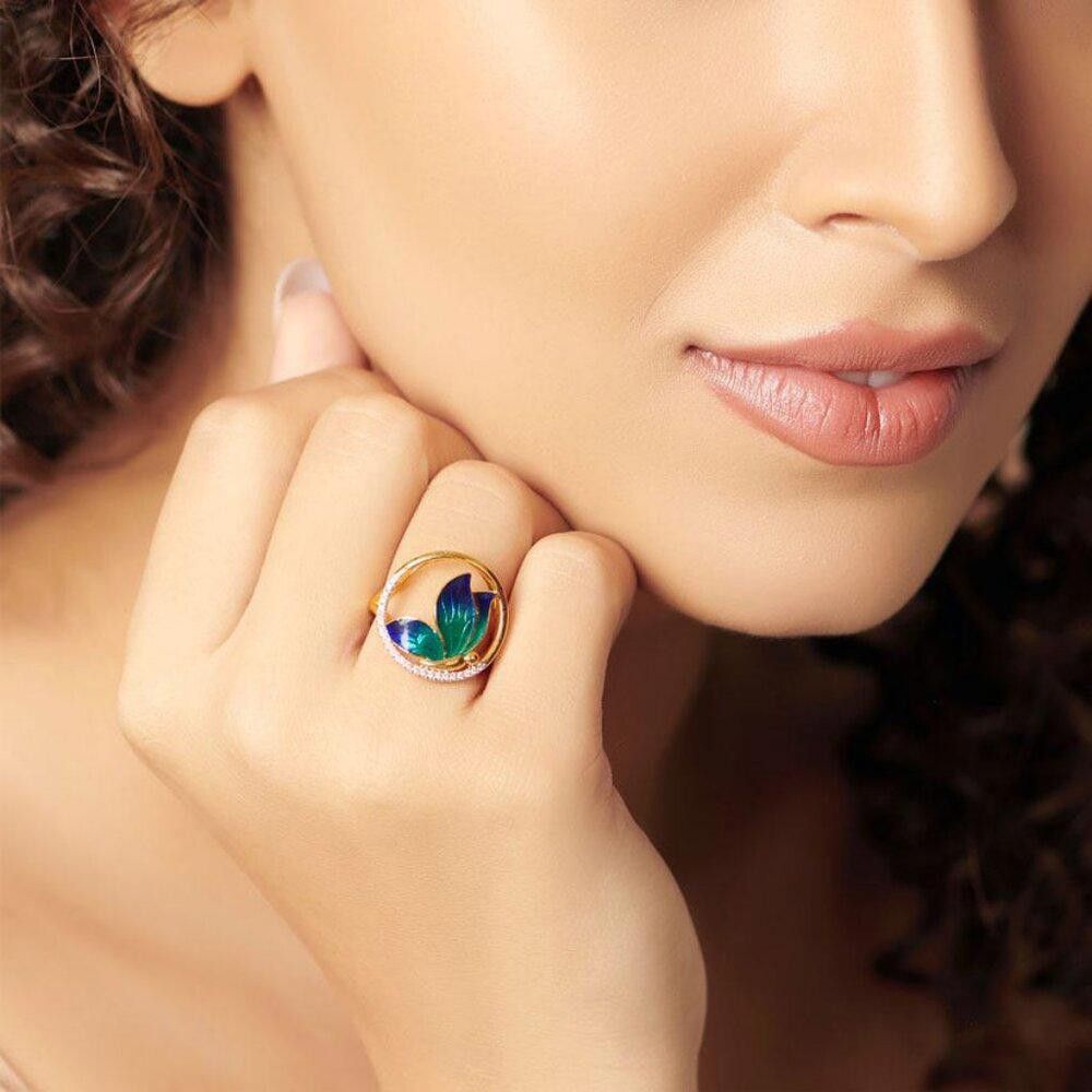 Designer Handmade Blue Epoxy Butterfly Gold Enamel Ring - Size 7 Size ONE SIZE - 5 Thumbnail