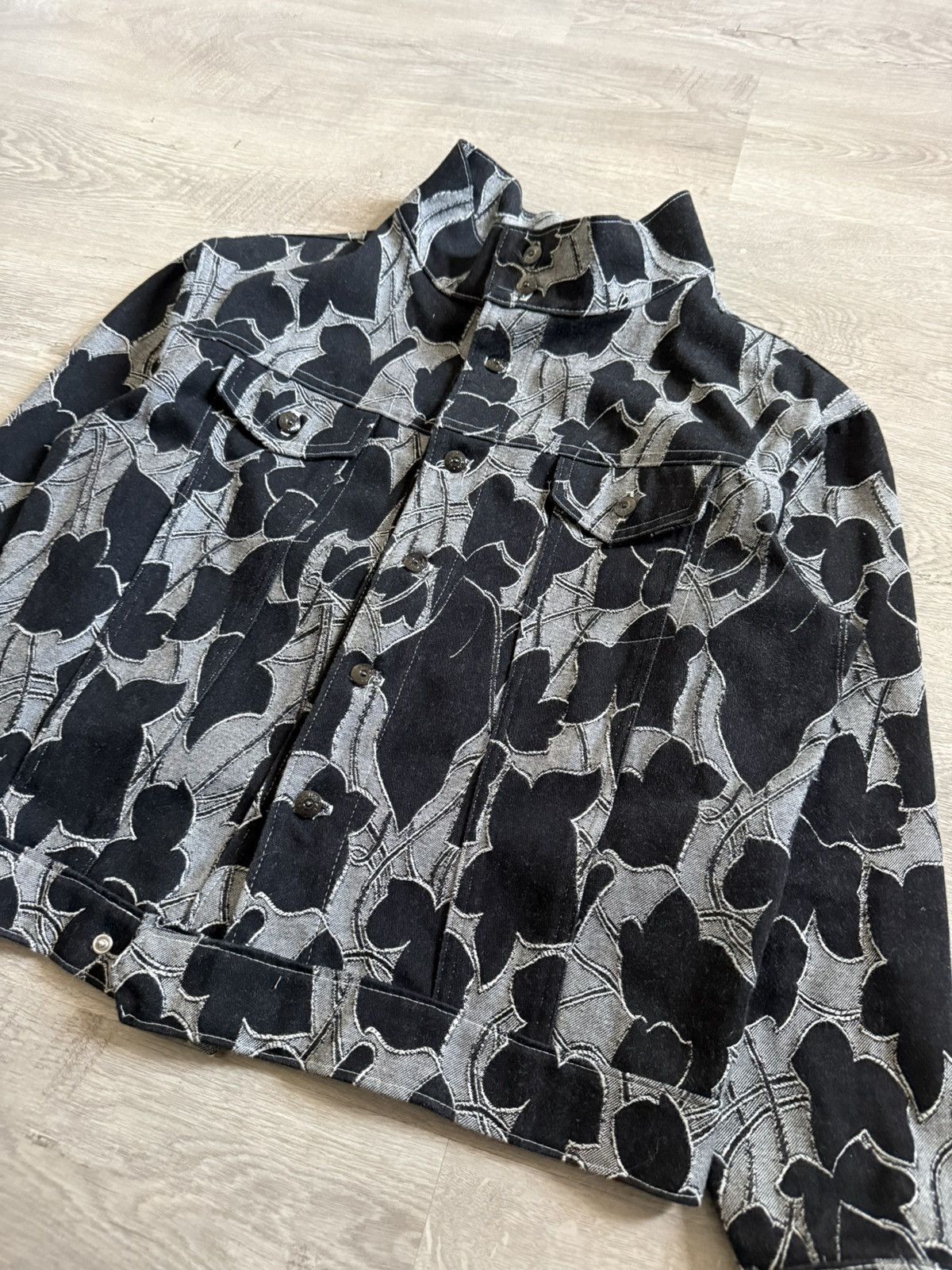 Handmade Denim Jacket Floral Jaquard Pattern Size US M / EU 48-50 / 2 - 2 Thumbnail