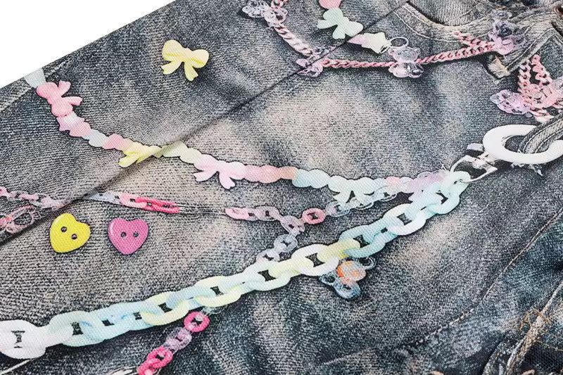 Design Blue 3D Printed Chain Washed Baggy Jeans