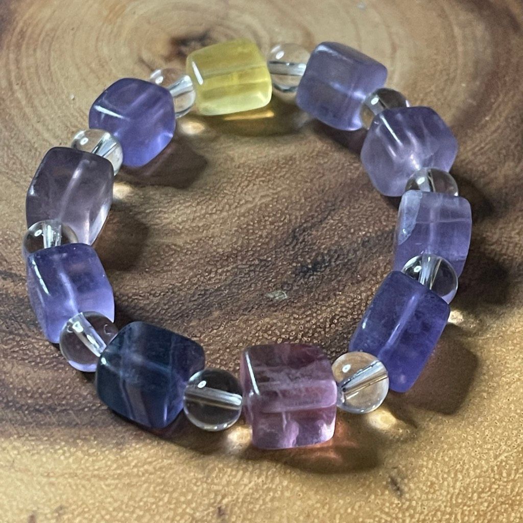 Other Fluorite bracelet striped layers rainbow colors cube stretch 10mm 7.5” natural crystal NEW Size ONE SIZE - 12 Thumbnail