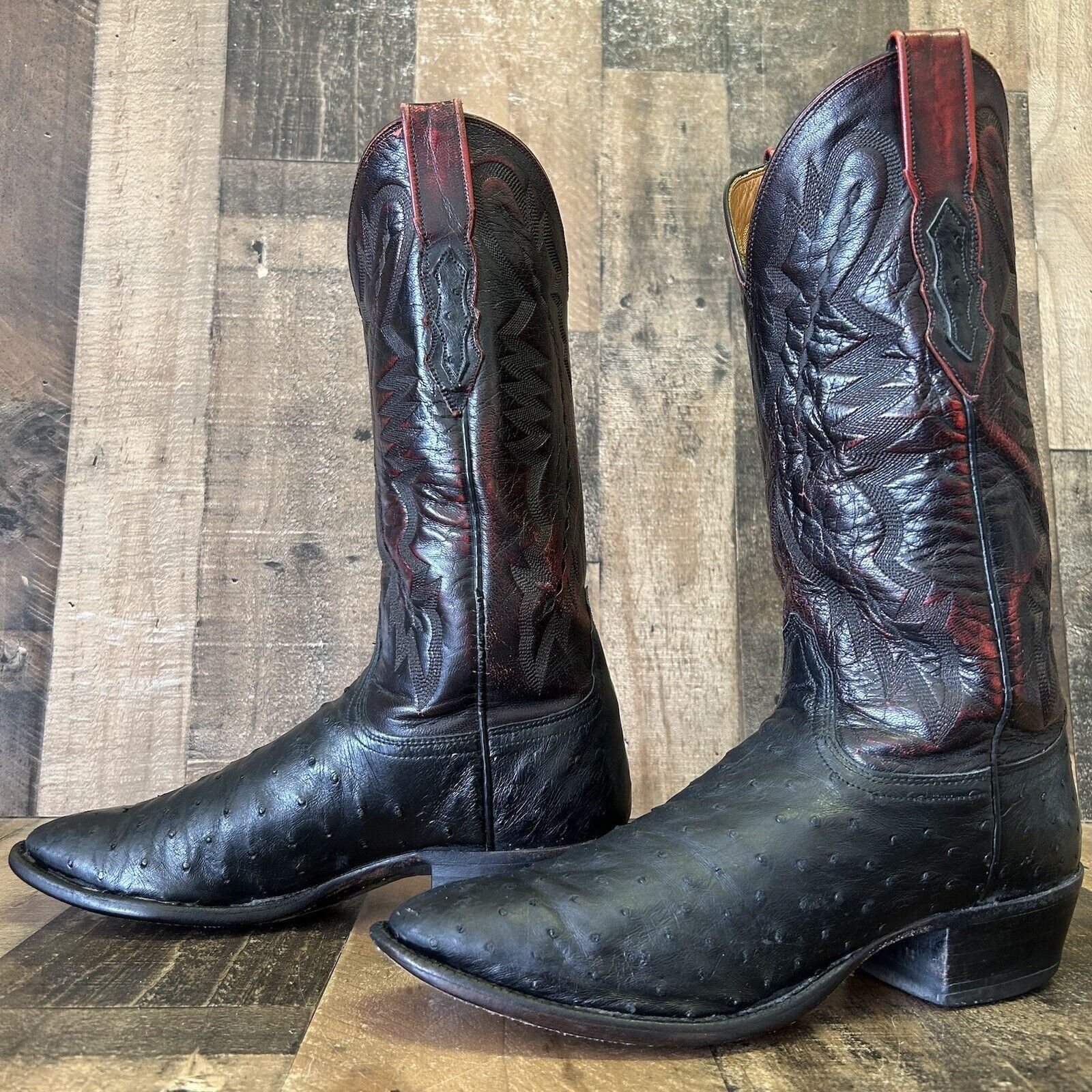 image of Lucchese 2000 Black Cherry Ostrich Cowboy Boots Mens 8.5 D