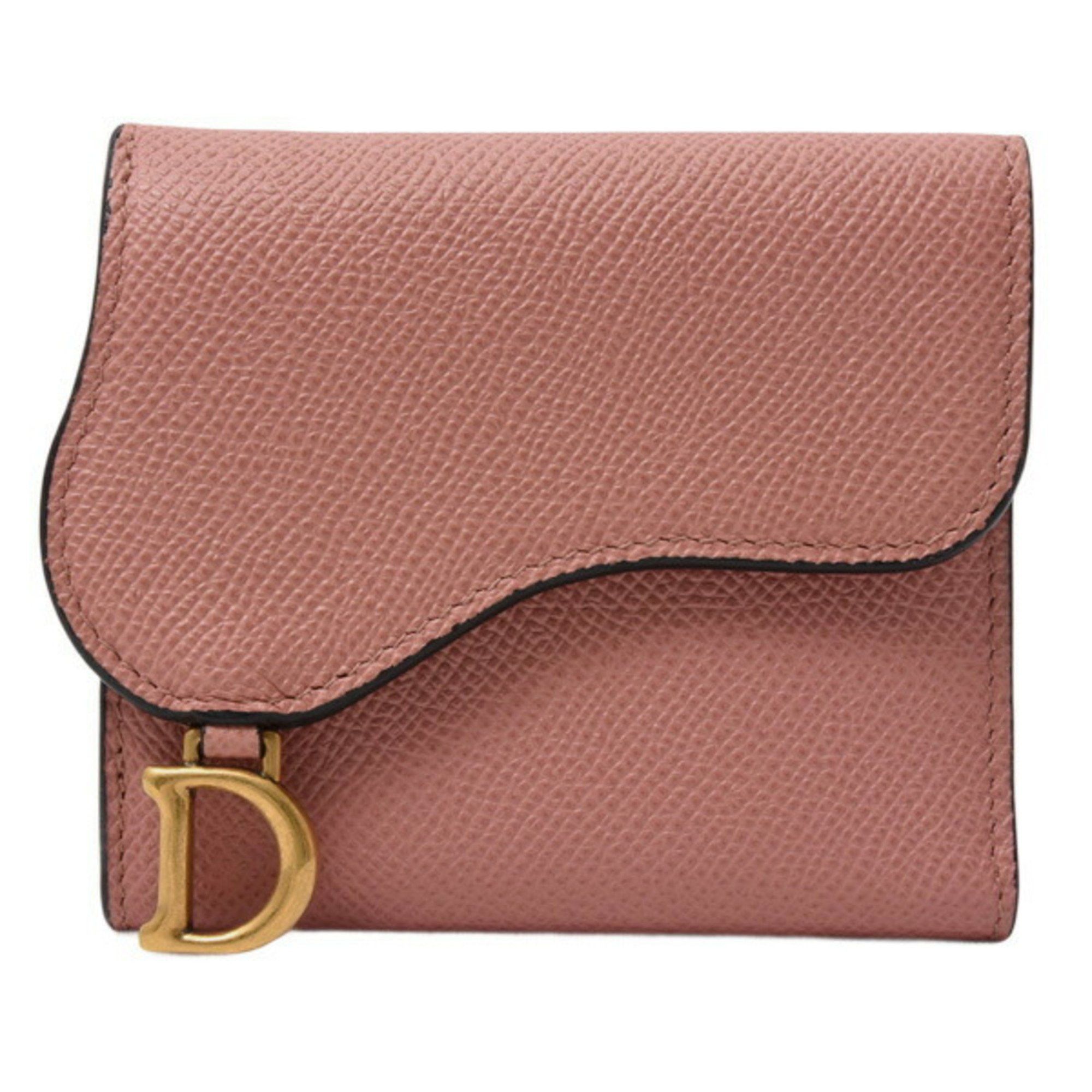 Christian Dior Women's Wallet Saddle Lotus Compact Tri-fold Pink Beige Calfskin