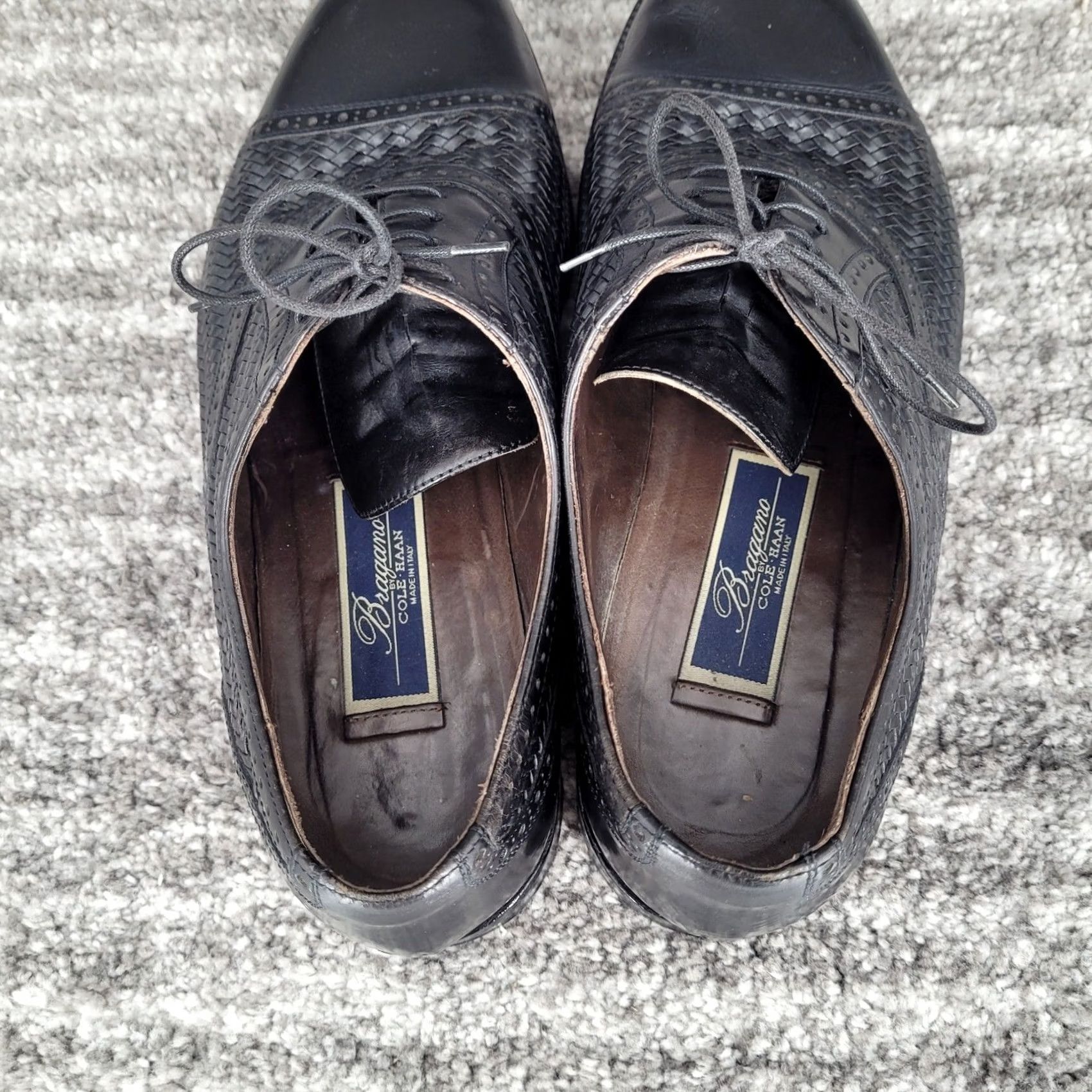 Cole Haan Cole Haan Mens 9.5 M Black Woven Leather Cap Toe Oxford Shoes Italy Size ONE SIZE - 4 Thumbnail