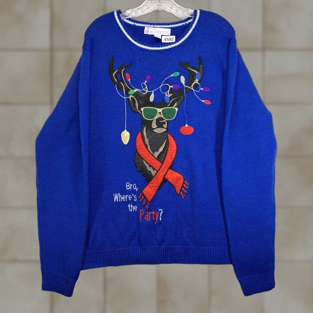 Vintage VINTAGE Ugly Christmas Sweater Big Head Rain Dear Embroidered Pullover XL Blue Unisex Adults Size US XL / EU 56 / 4 - 1 Thumbnail