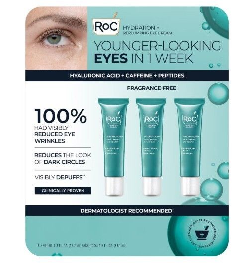 Roc Hydration+ Replumping Eye Cream 0.6 Oz 3-Pack Anti-Aging in Green, Men's