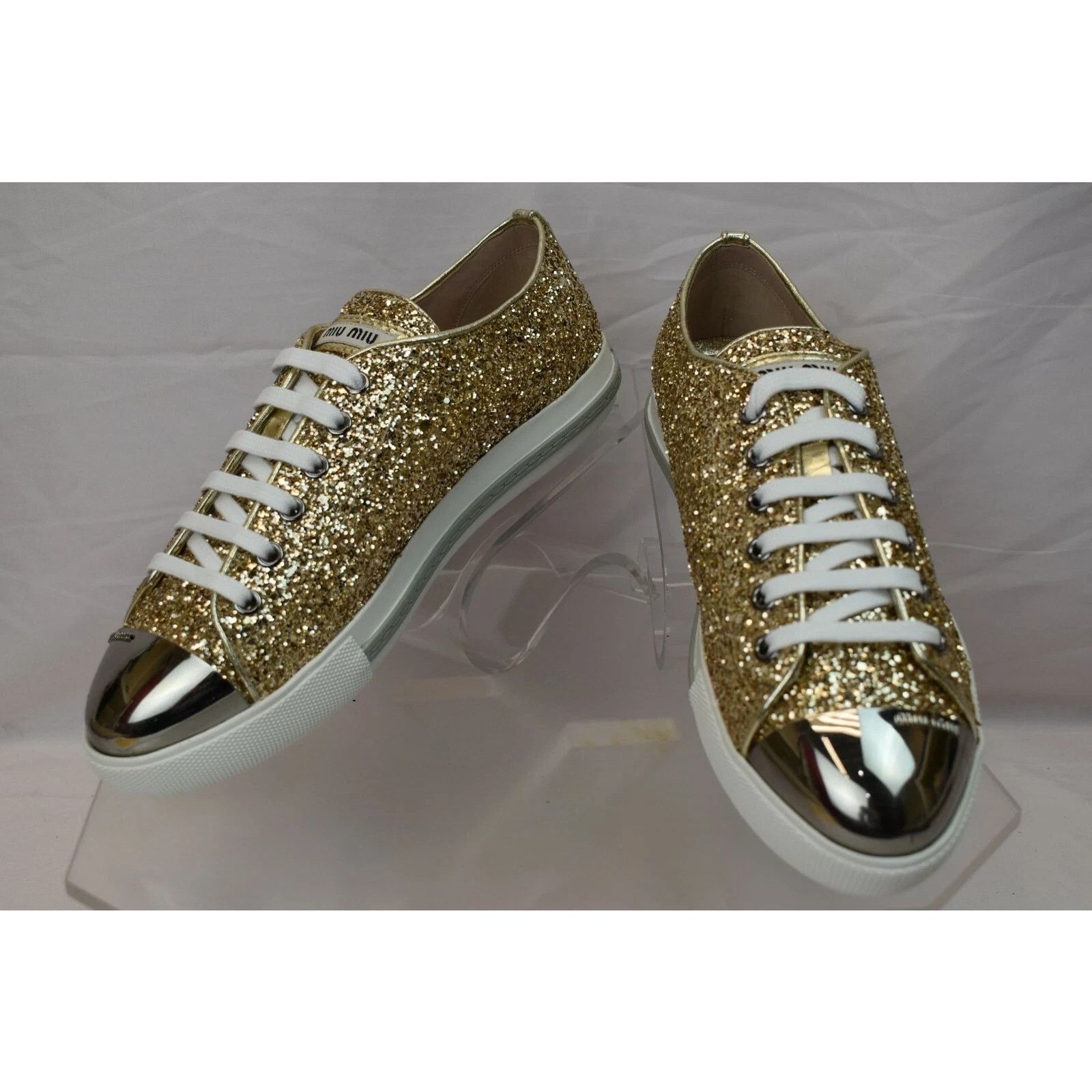 Miu Miu MIU MIU PRADA 5E8998 GOLD GLITTER METAL LOGO SNEAKERS 40.5 Size US 10.5 / IT 40.5 - 5 Thumbnail