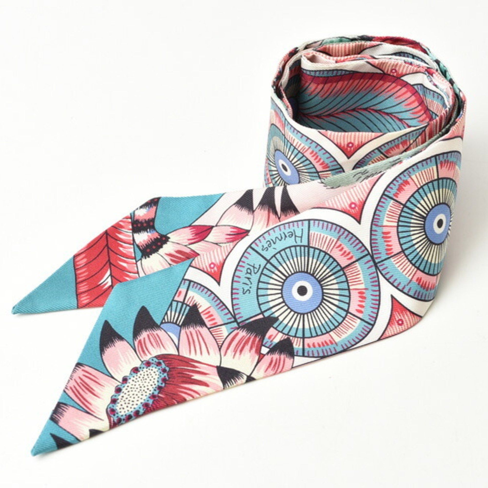 image of Hermes Twilly Scarf Muffler Hermes Silk Twill Animal Motif Pink Light Blue, Women's