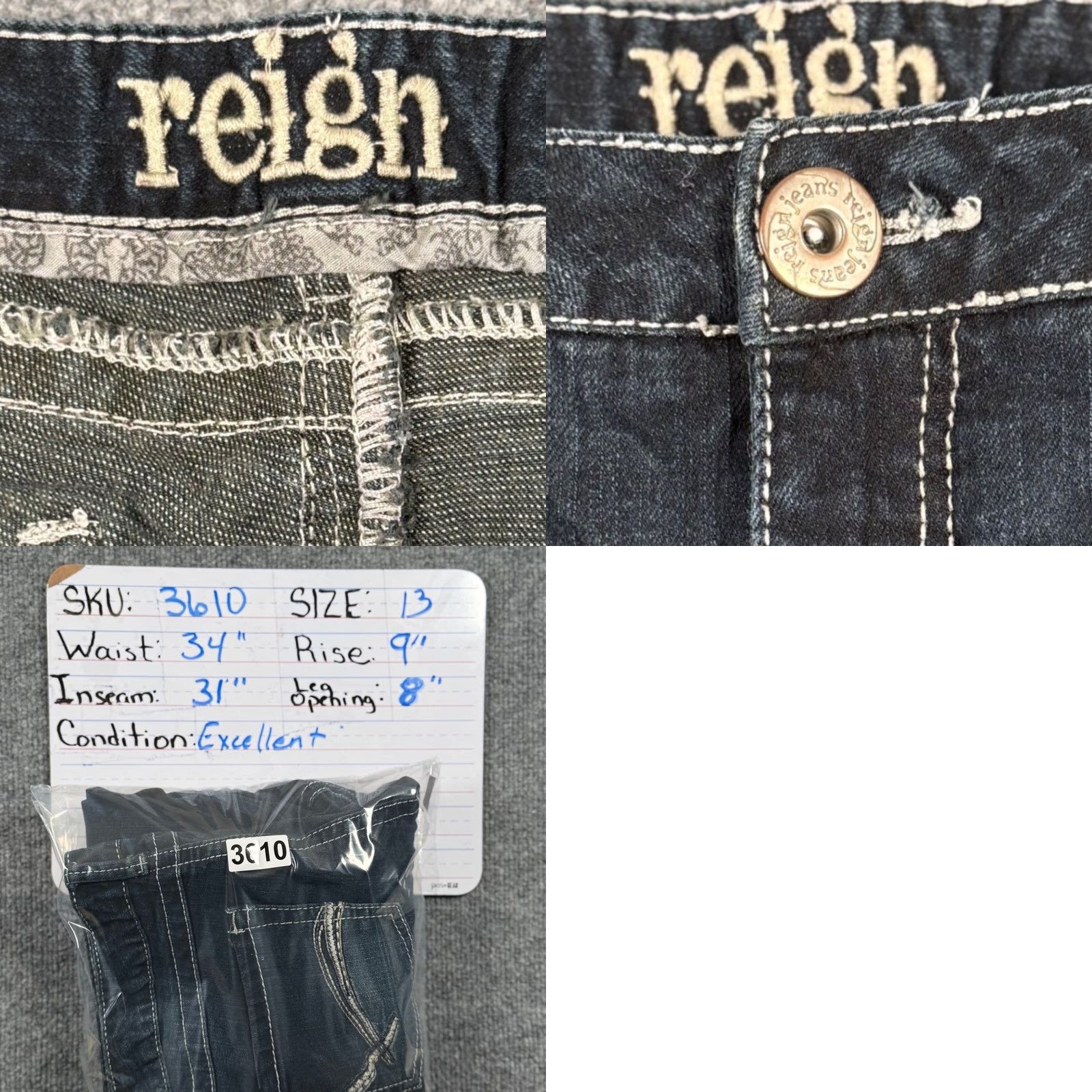 Vintage Reign Jeans Dark Wash Bootcut 13 Embroidered Pockets Stretch Women 34x31 Denim Size 34" / US 12 / IT 48 - 8 Thumbnail