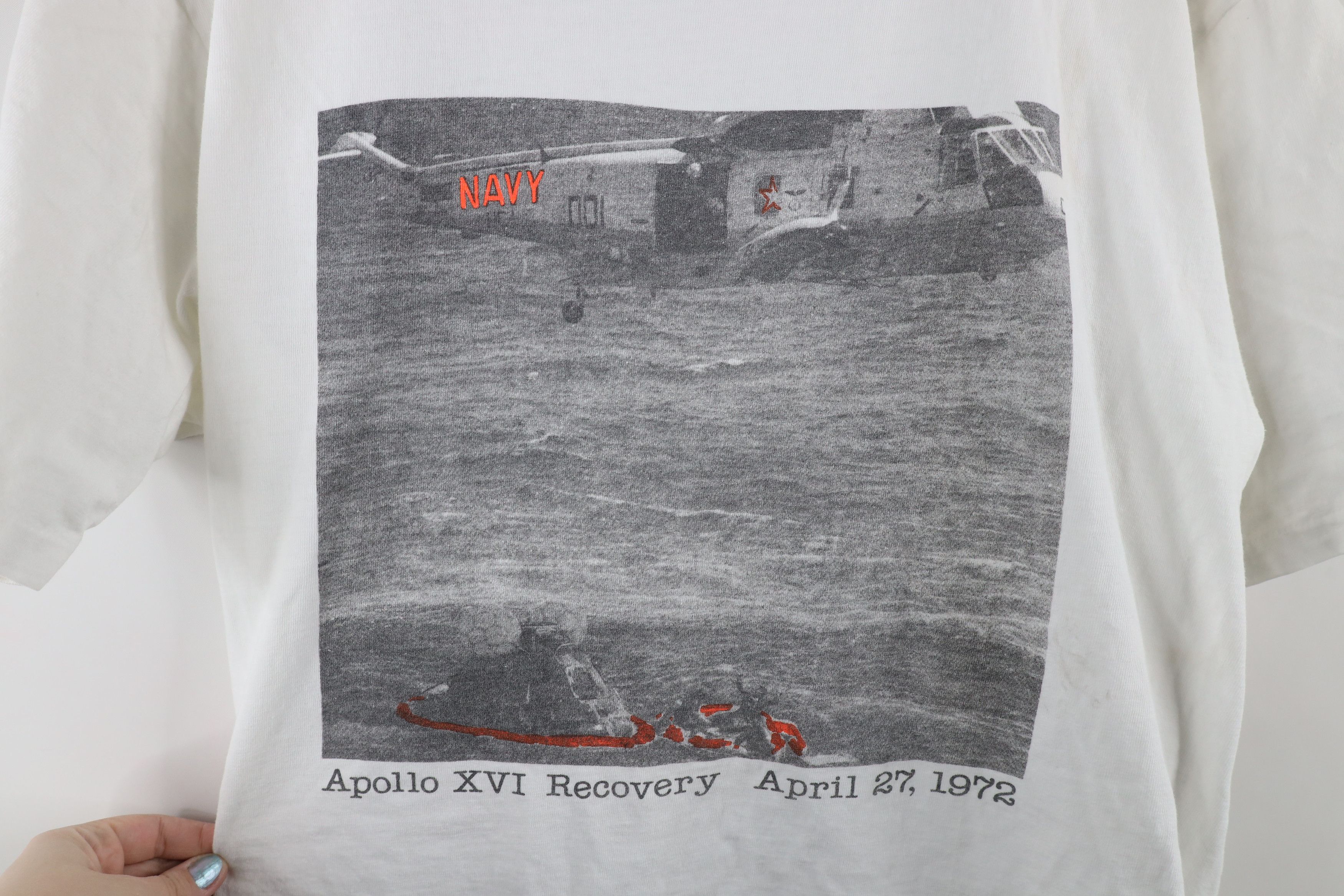 Vintage Vintage 90s Apollo XVI Recovery Space Rocket T-Shirt White Size US XL / EU 56 / 4 - 4 Thumbnail
