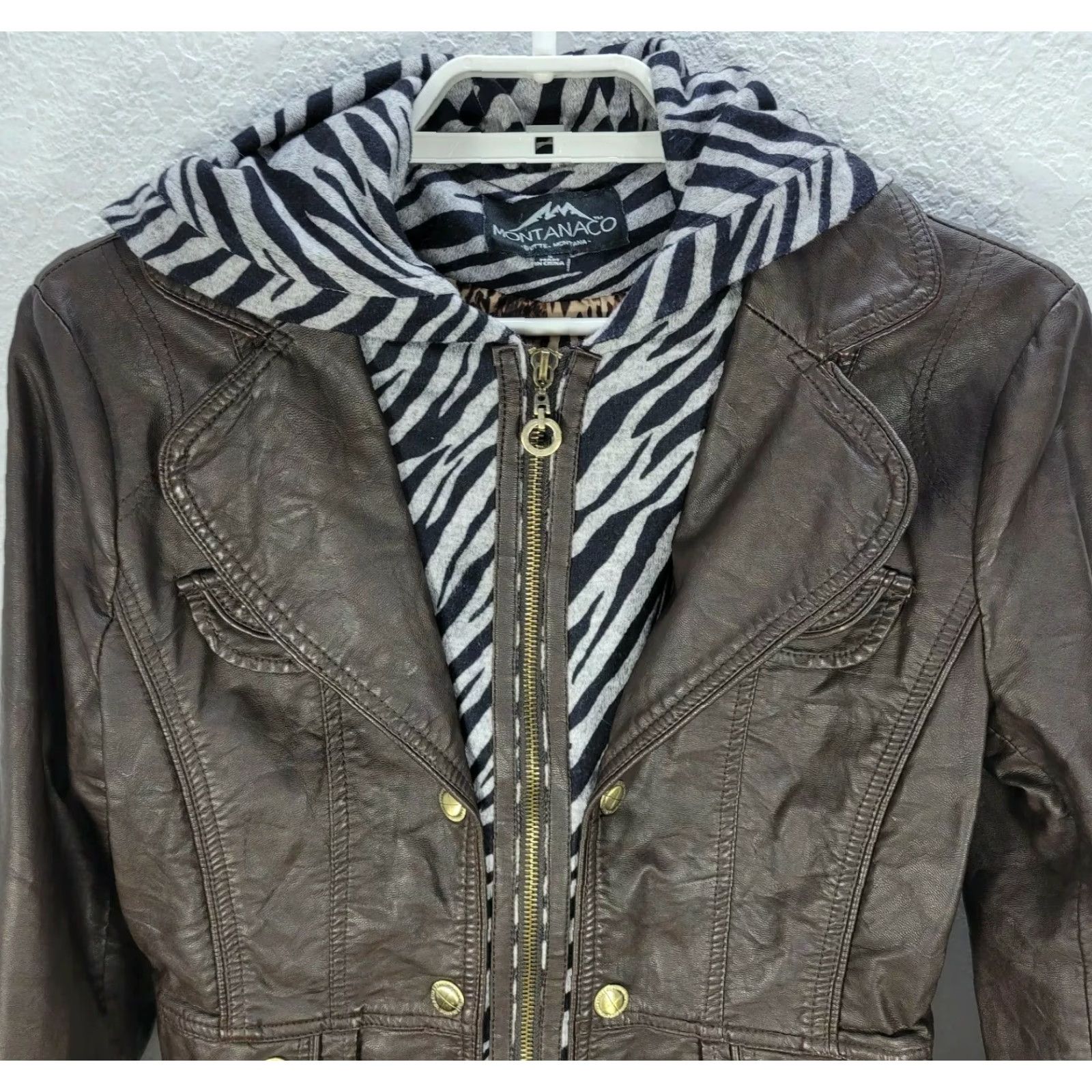 Vintage Montanaco Women's Hooded Faux Leather Jacket Brown Zebra Print Sz S - Animal Print, Gold Button, Mid-Length, Casual Coat Size S / US 4 / IT 40 - 3 Thumbnail