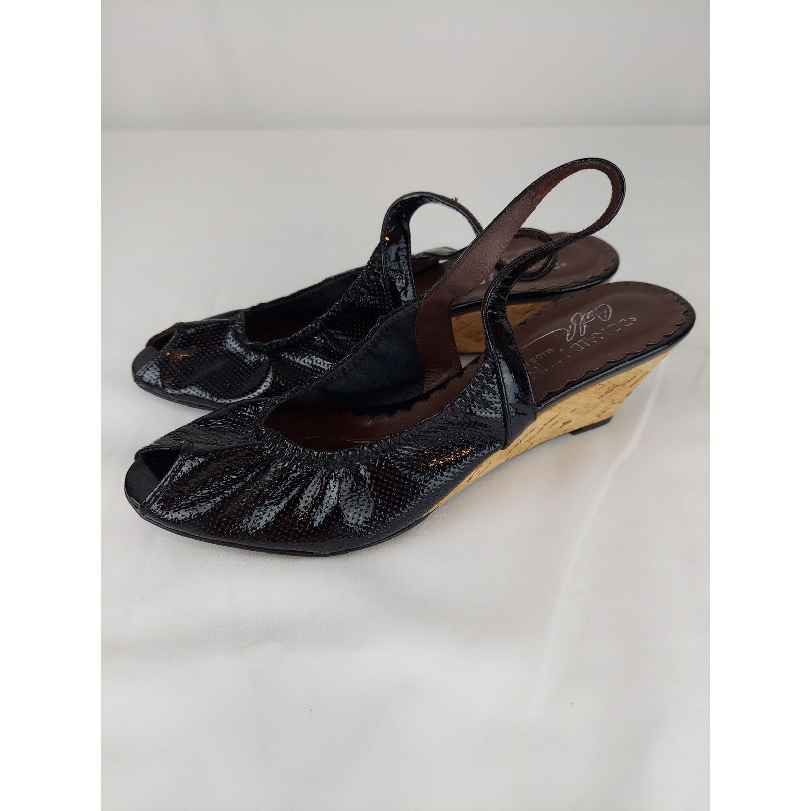 Donald Pliner Donald J. Pliner Black Patent Leather Slingback Wedge 6.5 M Shoes, Women's