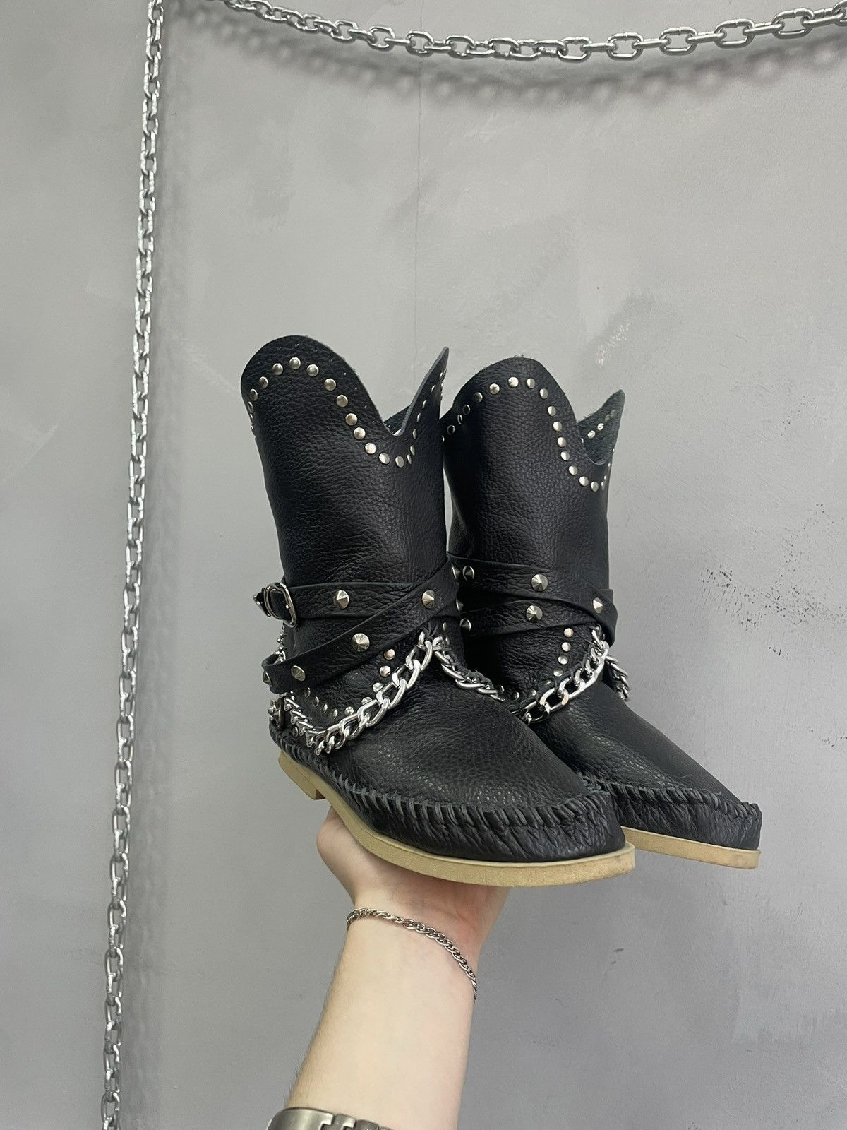 If Six Was Nine Gothic chain studded y2k boots black leather 14thaddiction Size US 5.5 / IT 35.5 - 1 Thumbnail